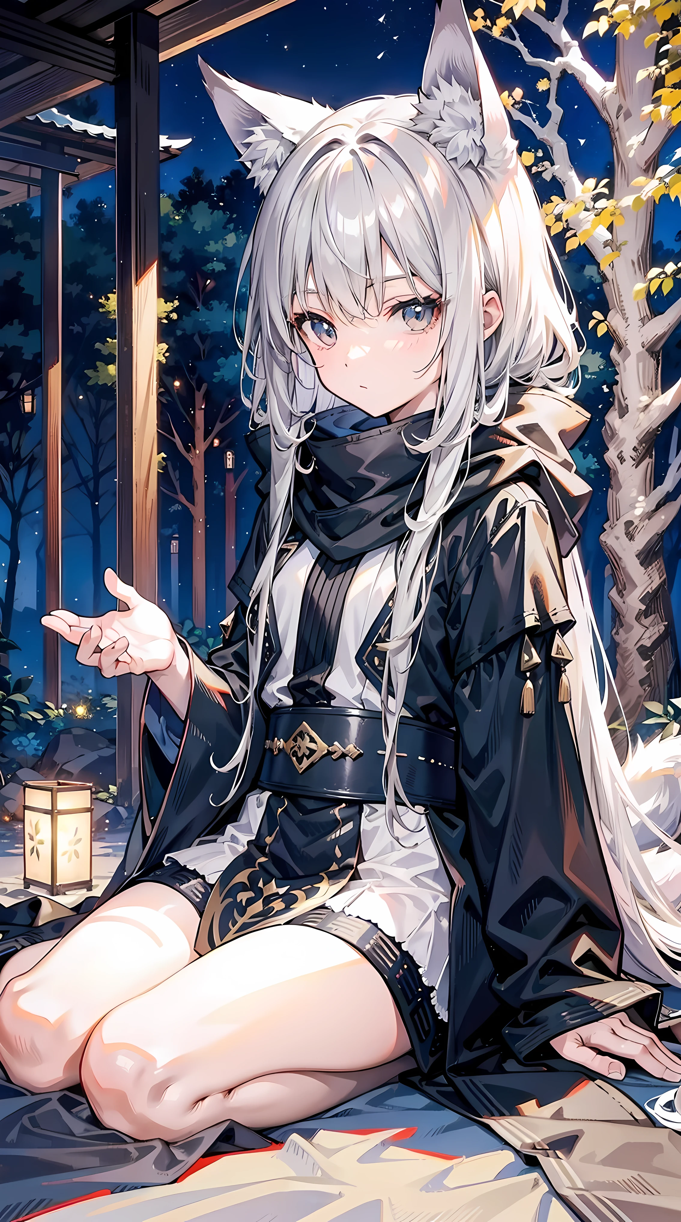 Sand Wolf Shiroko,Long hair with a shawl，Gray eyes, Sitting, Beautiful outdoor background, Night, forest