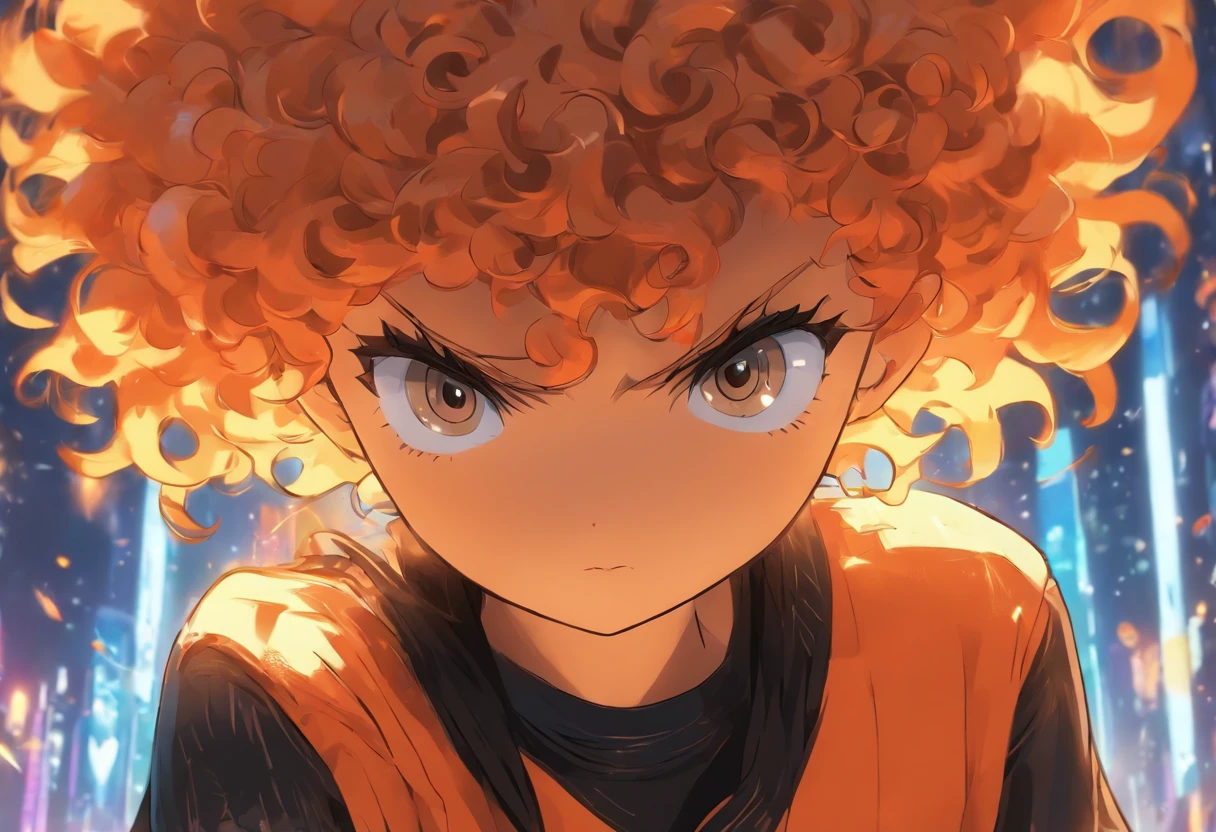 (short hair, curly-haired with orange hair:1.2) wearing a blue t-shirt and black pants
