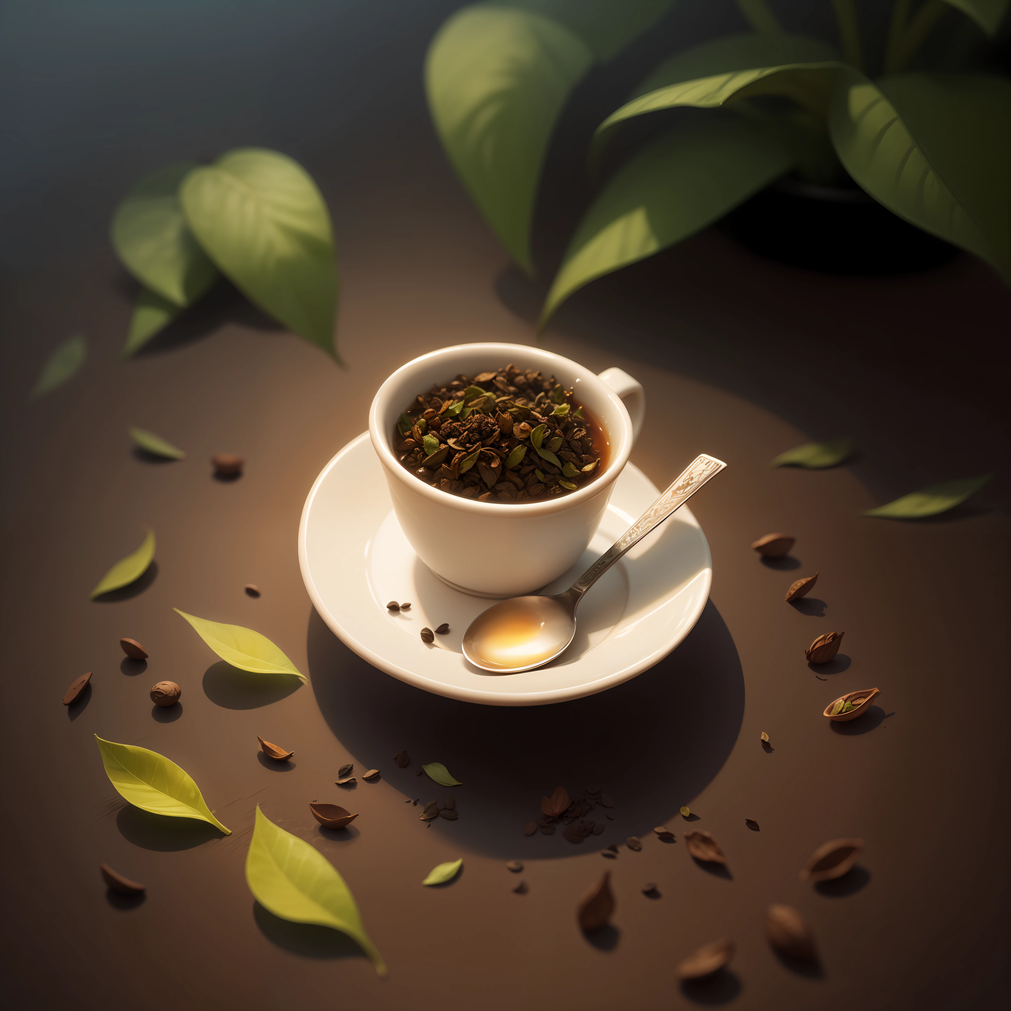 A tea cup among tea leaves, green big tea leaf in the air, smokes, warm