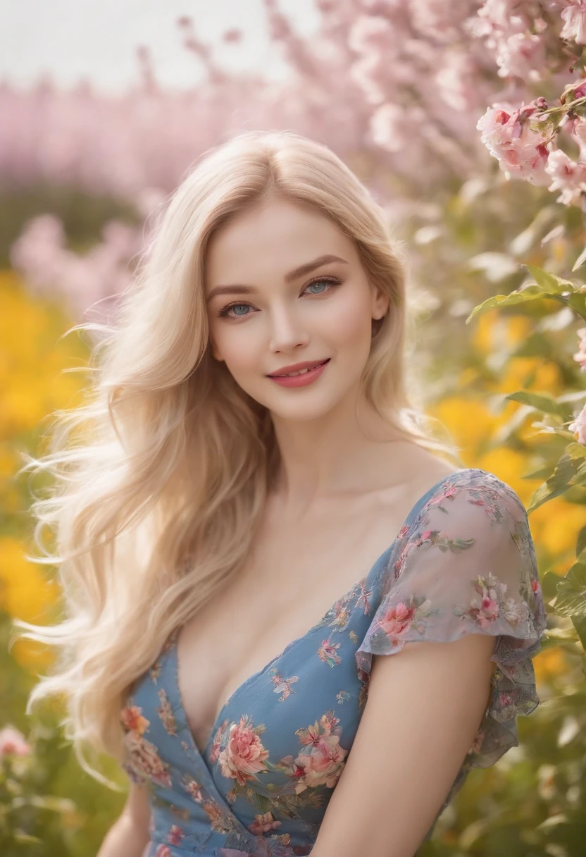 (masutepiece, Impressive portraits:1.3), (Seductive image of a blonde in a flower garden:1.2), (Камера Canon EOS 5D Mark IV, It is famous for its bright colors and rich texture:1.2), (Paired with Canon EF 35mm F/1.4L II USM lens for versatile compositions:1.2), (flowing, voluminous blond hair, Picked up by the breeze, Adding dynamism:1.1), (glow blue eyes, Reflect sky shadows:1.1), (face perfect, Exude perfection:1.1), (Knee-length sundress, Filled with a kaleidoscope of colors:1.1), (Her cheerful smile radiated pure happiness:1.1), (Playful dress movements, To catch the light:1.1), (Combine wild colors to create striking backgrounds:1.1), (Sun-drenched field, Draw a fun atmosphere:1.1), (Camera Sensor、Captures the intricate texture of her hair and fabric:1.1), (lens, Emphasize her seductive smile and bright outfit:1.1), (moment, To capture carefree joy in nature:1.1), (The synergy of color and emotion in one frame:1.1), (portrait of the, Capture the essence of the radiant spirit in a blooming landscape:1.1)、One lady、bustup、full body Esbian、Colossal tits、