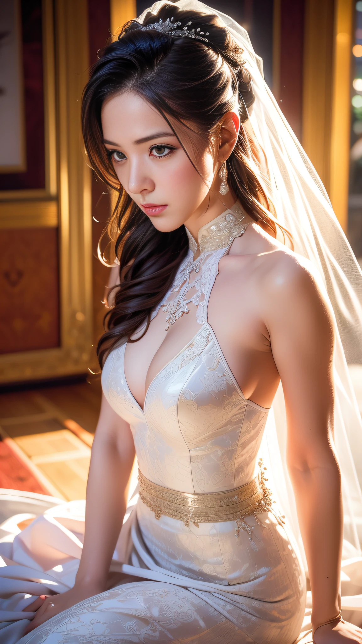 Wedding Hall, Female body definition,(Wedding dresses:1.2),(long skirt:1.2),Slender thighs, (Best quality: 1.0), (超高分辨率): 1.0) , Suspender stockings,Highly detailed face and eyes, (Photorealistic: 1.2),Ultra-wide angle, Depth of field, Hyper-detailed, beautifully color-coded, insanely details, Intricate details, beautifully color-graded