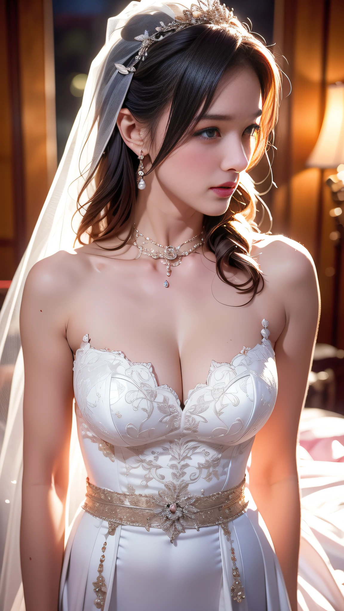 Wedding Hall, Female body definition,Wedding dresses,long skirt,Slender thighs, (Best quality: 1.0), (超高分辨率): 1.0) , Suspender stockings,Highly detailed face and eyes, (Photorealistic: 1.2),Ultra-wide angle, Depth of field, Hyper-detailed, beautifully color-coded, insanely details, Intricate details, beautifully color-graded