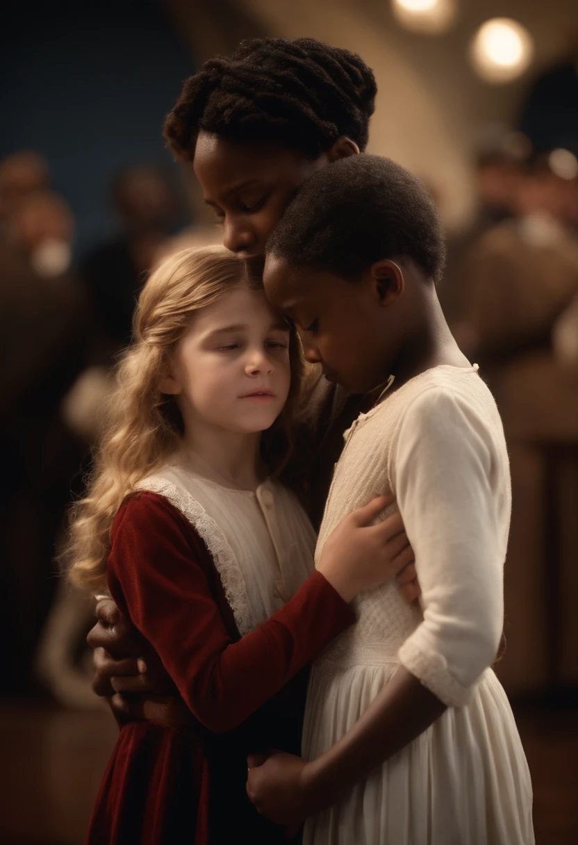 A young black boy comforting a little white girl on the titanic