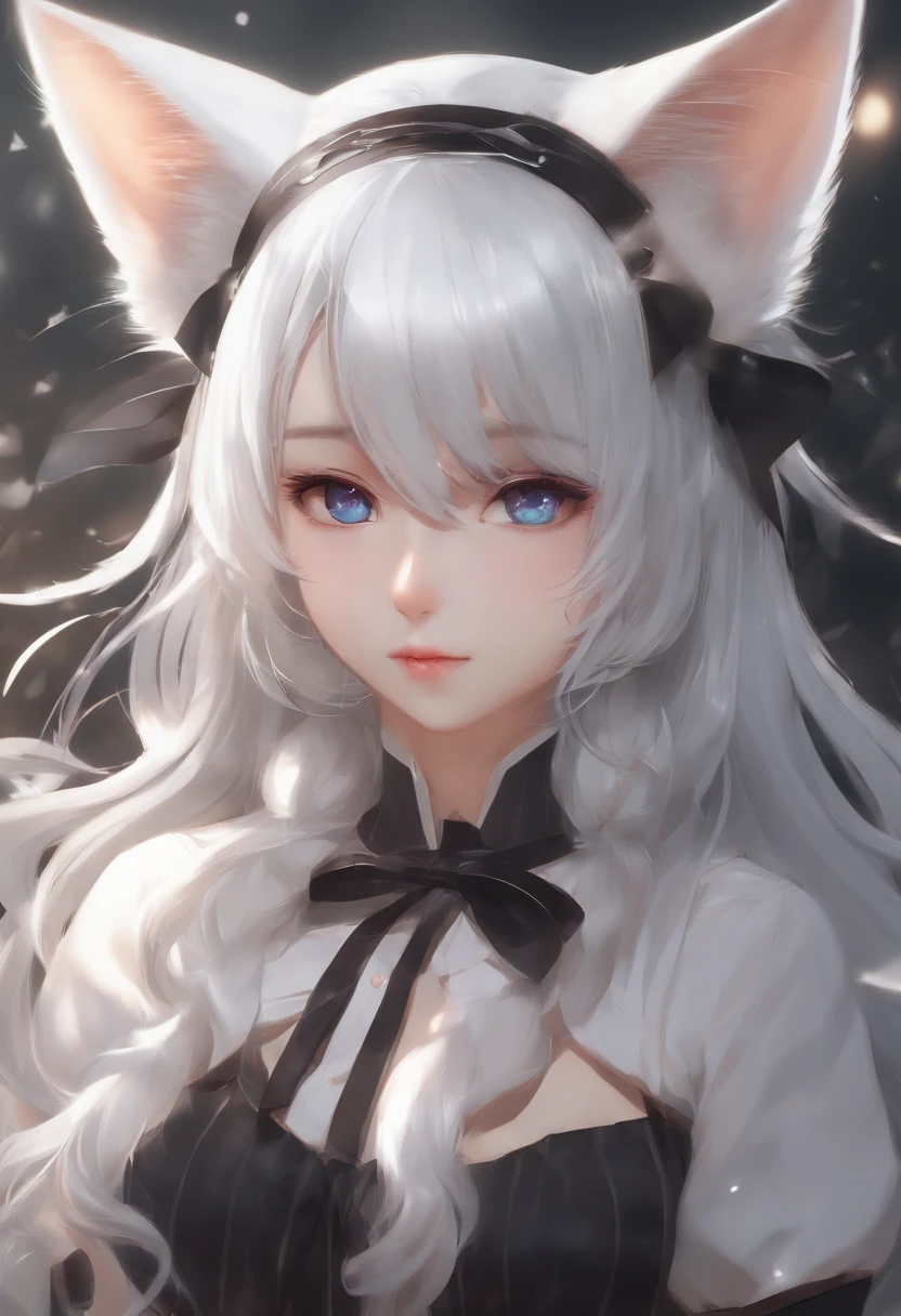 silver hair, white hair, hair ribbon, ribbon, mismatched pupils, wince, pointy ears, cat ears, kemonomimi mode, grin, raised eyebrow, anime style, chromatic aberration, chiaroscuro, god rays, god rays, dithering, anaglyph, High details