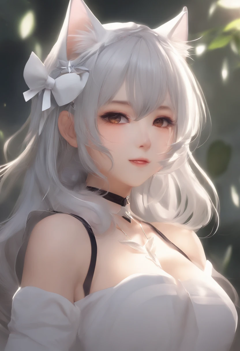 Best Quality, 超High Resolution, (Photorealistic:1.3), RAW photo, 1girl, fine details, ((bright yellow eyes)), ((burgundy eye shadow)), bright white hair, wolf ears, wolf tail, Masterpiece, NSFW, depraved embarrassed posture, Posing, Innocent Summer White Dress, Shoulder Opening, Long manicure, Fabric exposure,