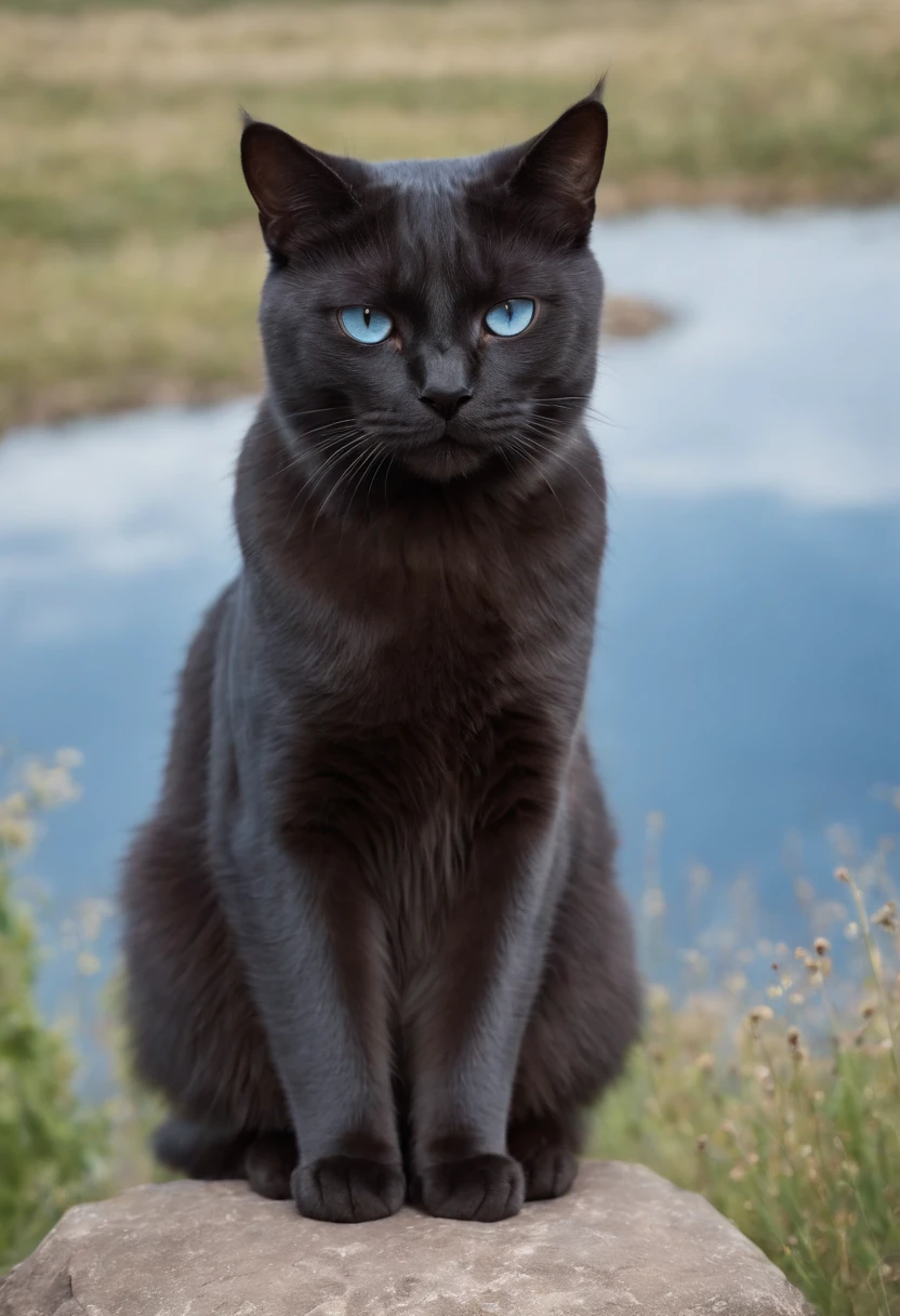 blue cat, sitting on a rock, meadow, clouds, blue sky