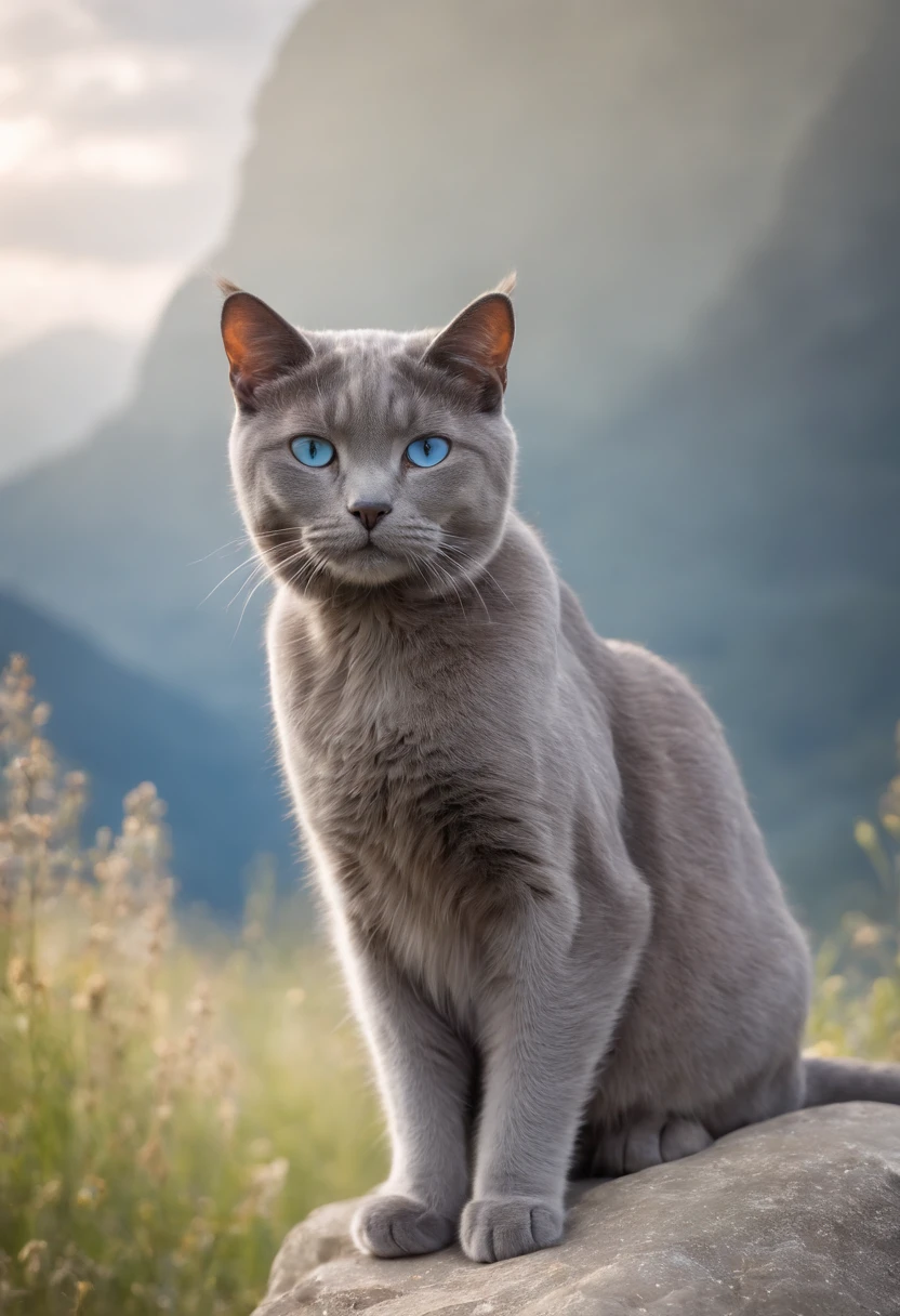 blue cat, sitting on a rock, meadow, clouds, blue sky