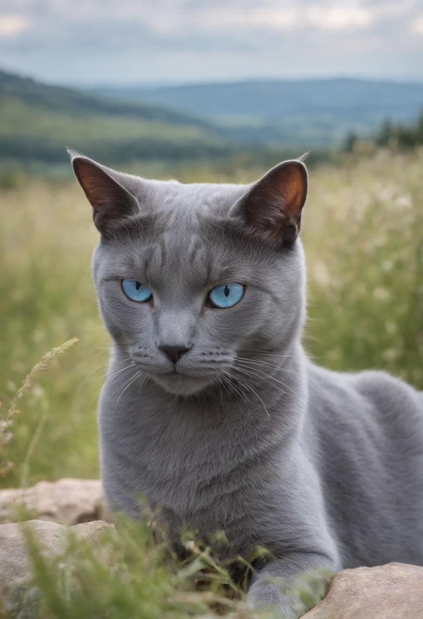 blue cat, sitting on a rock, meadow, clouds, blue sky
