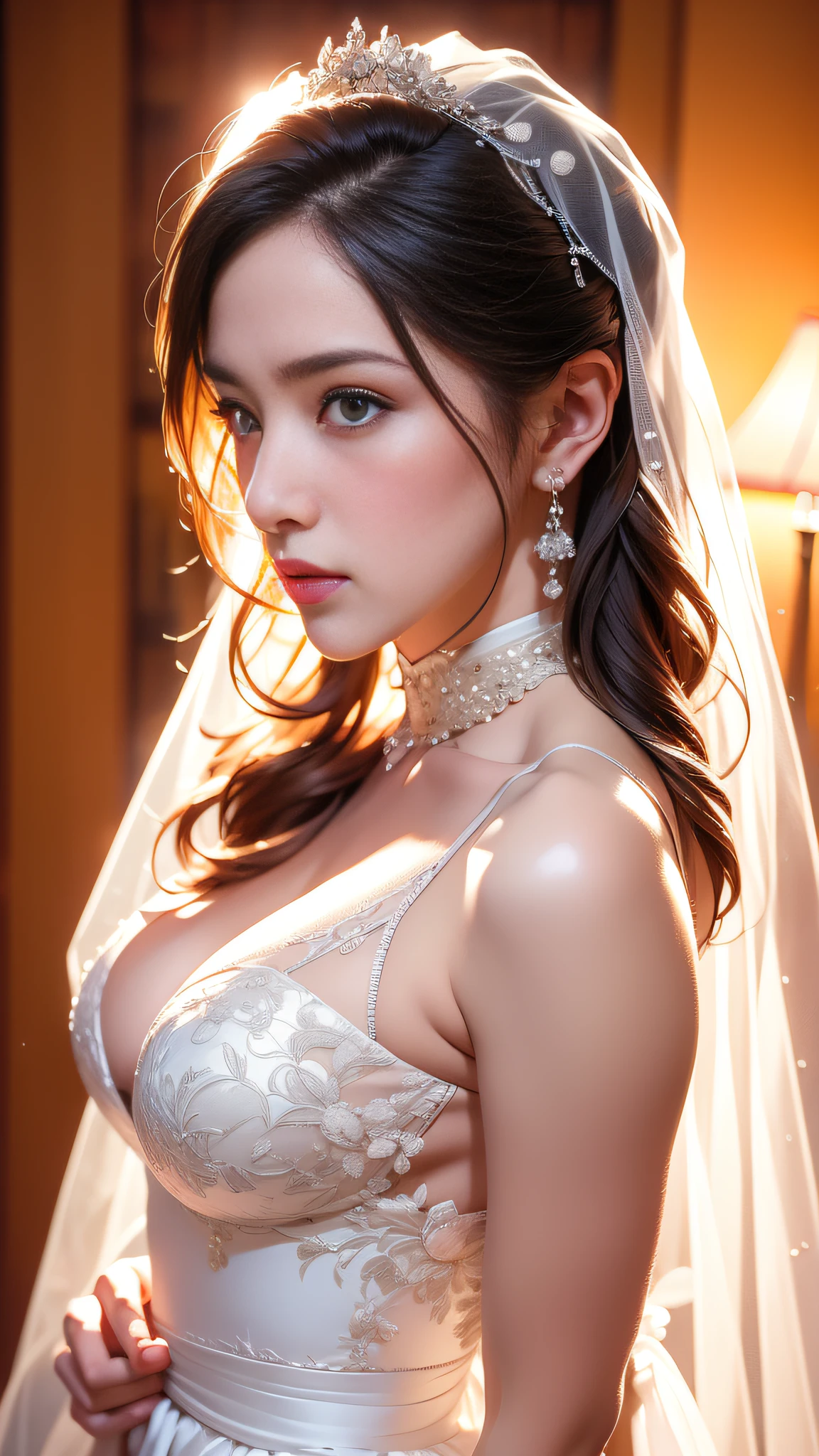 Wedding Hall， Female body definition，Wedding dresses，long  skirt，Slender thighs, (Best quality: 1.0), (超高分辨率): 1.0) , Suspender stockings，Highly detailed face and eyes, (Photorealistic: 1.2)，Ultra-wide angle, Depth of field, Hyper-detailed, beautifully color-coded, insanely details, Intricate details, beautifully color-graded