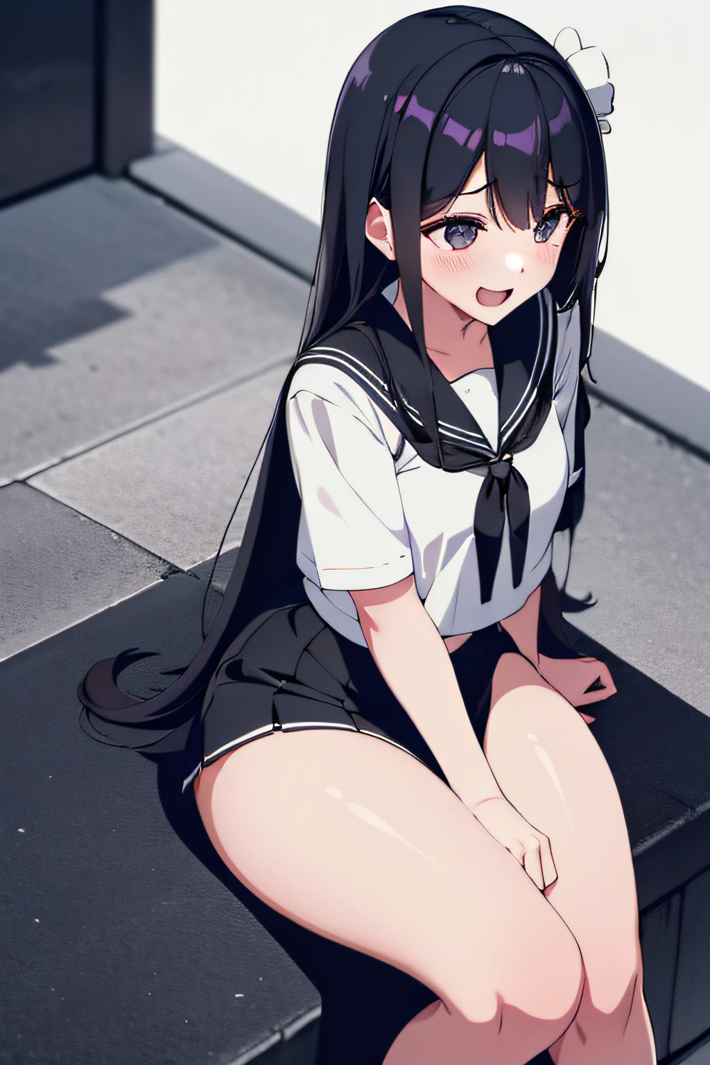 4K,s girl,cute face,Long black hair,Black eyes,Morbid laughter,mediuml breasts,a sailor suit,pleatedskirt,Simple hair accessories,white stockings,Small black high-heeled leather shoes,full bodyesbian,Sitting on the edge of the rooftop,The edges are illuminated