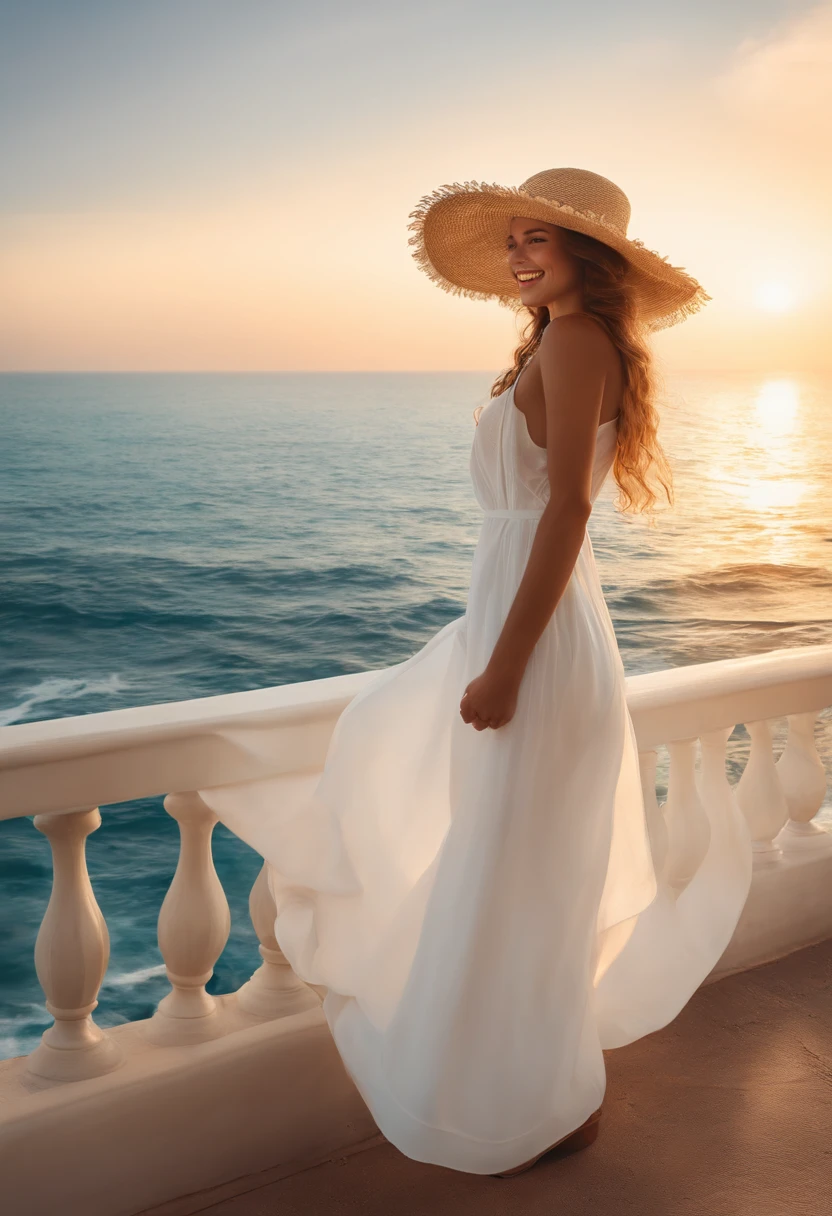 absurdres, 1girl, ocean, railing, white dress, sun hat, smile, (realistic:0.75), (waving:0.9),