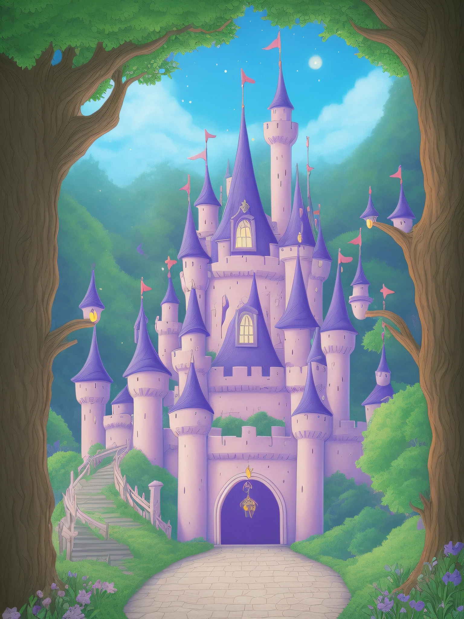 Princess's Castle　Entrance to the Enchanted Forest in the distance　picture book-style　illustratio
