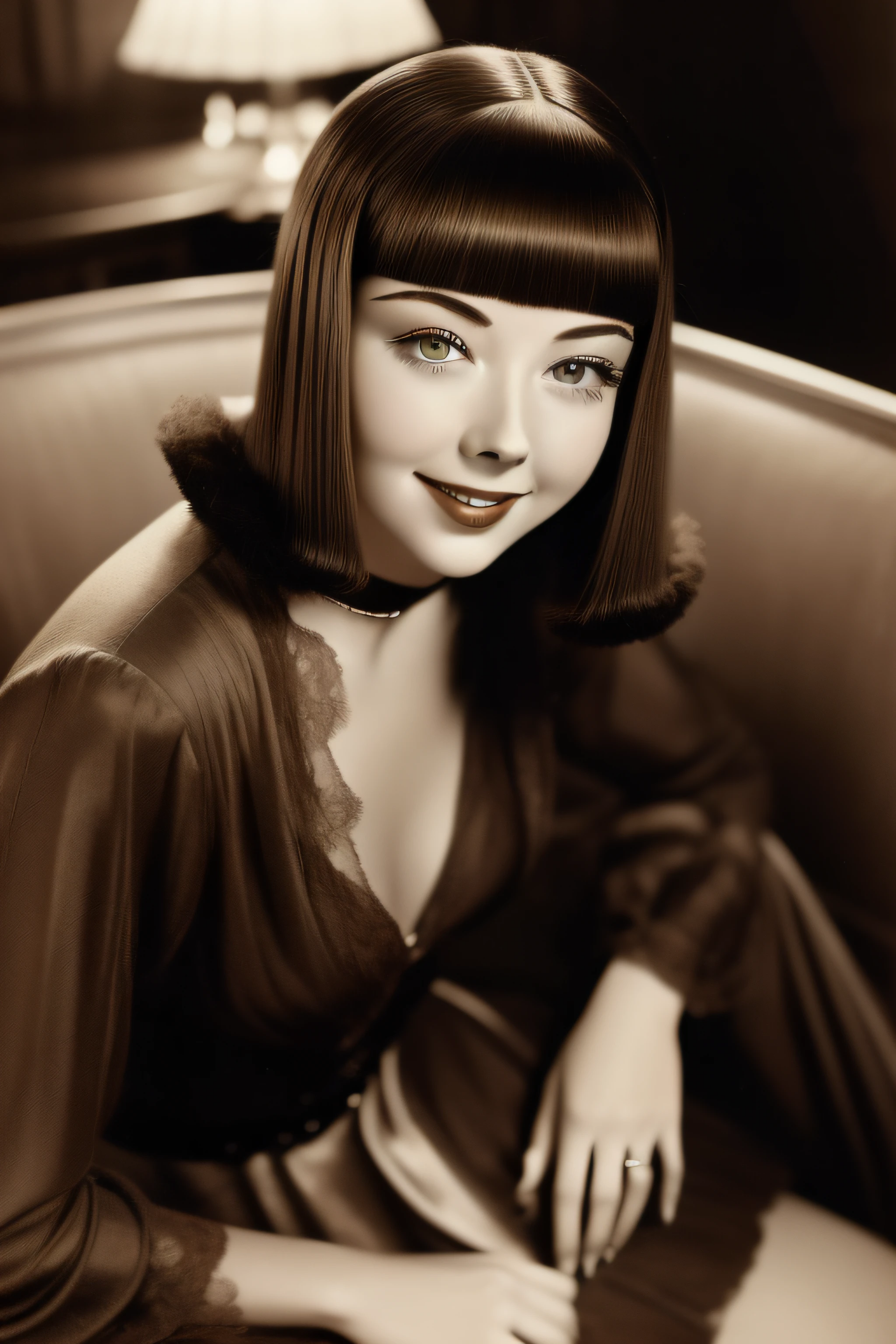 masterpiece, a cinematic sepia photograph of a beautiful smiling girl, (Colleen Moore), 20's style hairstyle, ultra detailed, environment and liberty style furniture, beautiful eyes, high_resolution, bottom view