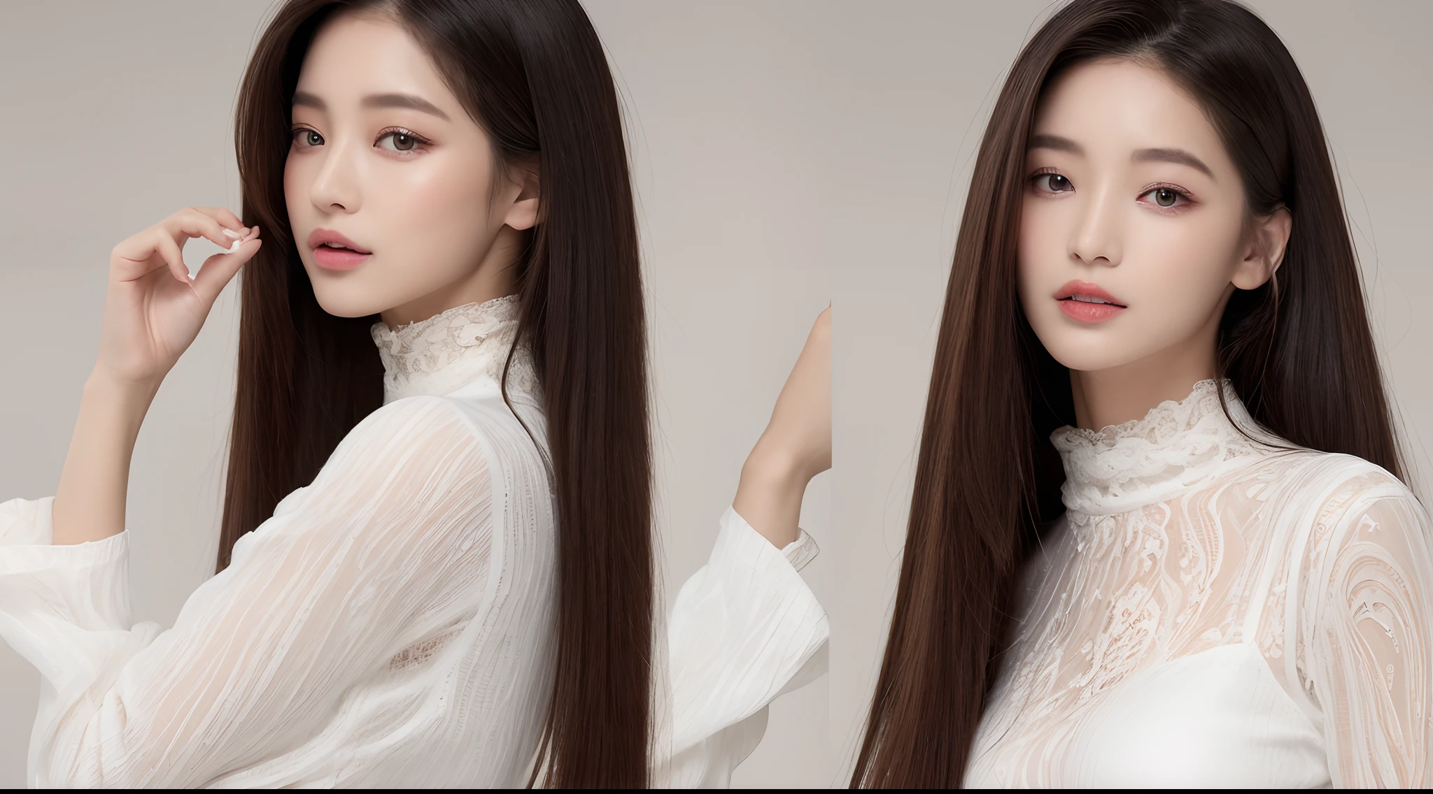 ((top-quality、8K、masterpiece:1.3))Ultra High Image Quality1.3、SLR Quality、Full-size quality、Cute Beauty 1.4、Transcendent Beauty 1.4、Real Skin 1.3、Marble background、Full body depiction 1.3、1人、Glamour beautiful woman:1.3、(Long straight hair that looks like it has been ironed and straightened 1.3、huge-breasted:1.4)、sexy facial expression、big eye、Long Sleeve White Lace High Neck Shirt:1.1、hyperdetailed face、ultradetailed eyes、super-detaild skin、Ultra detailed hands、Ultra-detailed fingertips on the face、Super detail beautiful legs、Super detailed beautiful hair、Ultra-detailed cloth、put one's hand over one's mouth、Korean Beauties、White lace skirt、piercings、beautiful and long legs、high-heels、Standing like a model、Walking、Stretching legs、 a beauty girl、The ultimate legline beauty、Behind the back of a beautiful woman、Beautiful woman beside her