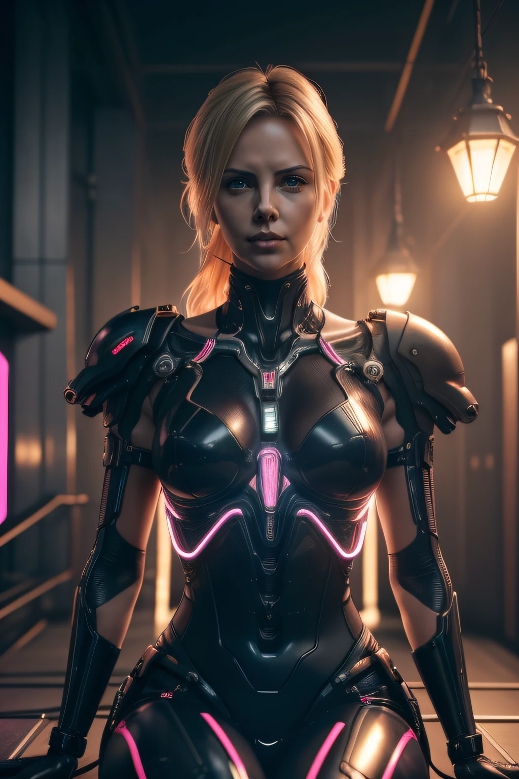 Masterpiece, a beautiful female Prisoner, (Charlize Theron), (cyberpunk city at night background), partially transparent sexy cyberpunk Neon Red outfit, Chains and Collar, (small breasts), (Body Tattoo), strong muscular body, (Standing) ((Best quality)), ((masterpiece)), (highly detailed:1.3), 3D, beautiful (cyberpunk:1.3), Top Quality, Masterpiece, Ultra High Resolution, (Photorealistic: 1.4), Raw Photo, 1 Girl, Blonde Hair, Glossy Skin, 1 Mechanical Girl, (Ultra Realistic Details))l, Global Illumination, Shadows, Octane Rendering, 8K, Ultra Sharp, Big, Cleavage Exposed Raw Skin, Metal, Intricate Ornament Details, Egyptian Details, Very intricate details, realistic light, CGSoation trend, purple eyes, glowing eyes, facing the camera, neon details, mechanical limbs, blood vessels connected to the tube, mechanical vertebrae attached to the back, mechanical cervical attachment to the neck, sitting, wires and cables connecting to the head, evangelion, small LED lamp