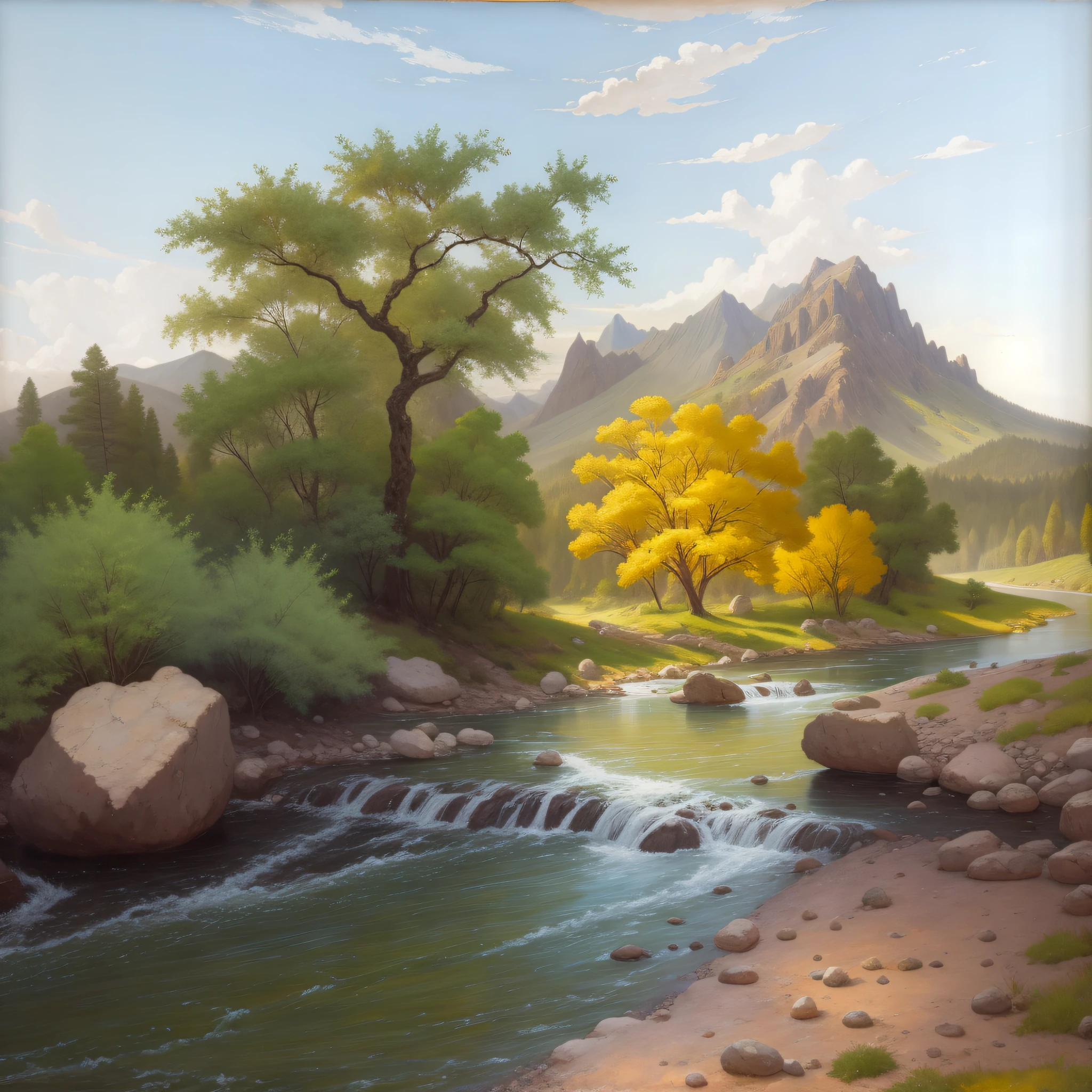 painting of a river with a yellow tree and mountains in the background, inspirado em Thomas Moran, in the style of an oilpainting, paisagem pintada, smooth oil painting, oil on canvas 8k, pintura de paisagem, 3d