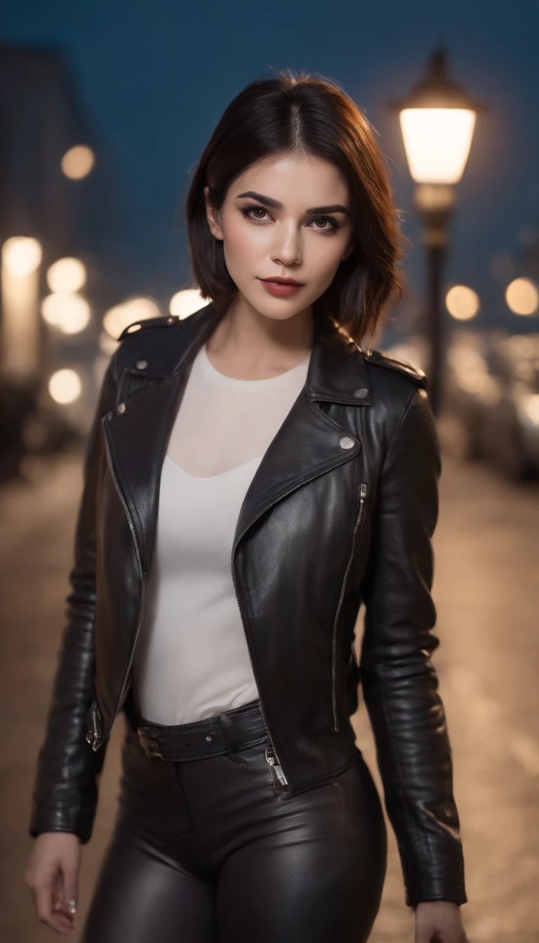 Girl with black short hair, black mask, black eyeliner on her eyes, black tights, black leather jacket, at night, under the illuminated street lamp, girl leaning against the black motorcycle, (((realism))), (((ultra detailed))), (((8k))), (((special lighting))), (((8k lighting)))
