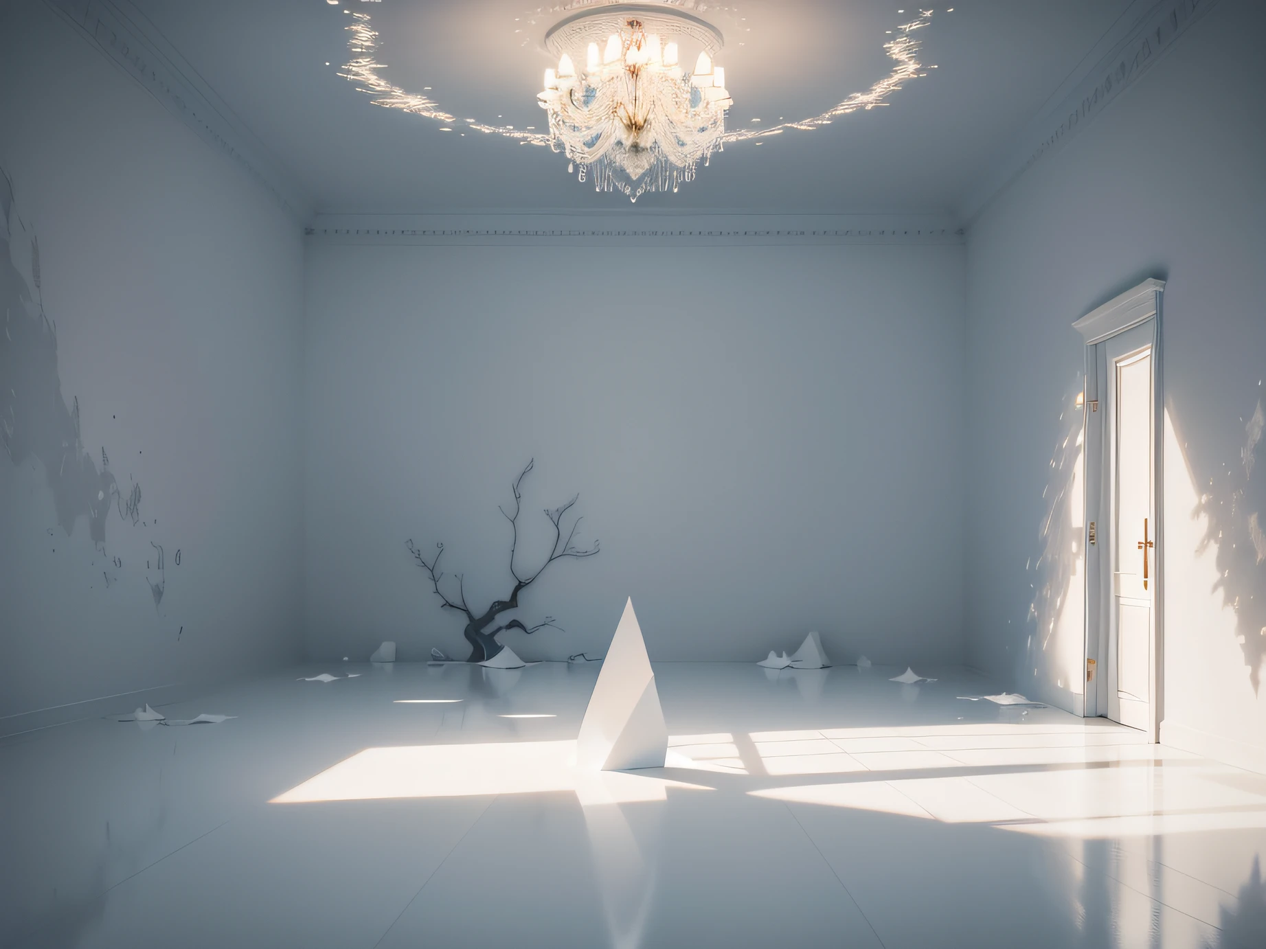 In a dimly lit room, The atmosphere is filled with an ethereal sense of tranquility. The room is bathed in softness, White glow, creating an otherworldly atmosphere. The focal point of the room is a mesmerizing art installation，Breaking with traditional expectations. Walled into the wall，It looks like a crack after the wall peels off，This crack widens laterally，Blend in with your surroundings，The crack is a close-up of the main body，Create immersive environments. The monochromatic color of the room evokes a feeling of tranquility and harmony. The silence in the air is palpable, It was as if time itself had paused for a moment in this fascinating installation. To further enhance the work, An art style that combines minimalism and surrealism would be ideal. The minimalist clean lines and simplicity will highlight the ethereal nature of the room， An artist known for his immersive installations, Similar technologies will be used as a reference. Kusama's ability to create captivating environments through the use of repetition and luminescence is consistent with the essence of the installation. She is able to transport the audience into a realm that transcends the ordinary，A testament to the power of art. last words, Imagine walking into white, Dim Room，A plastic tree with glowing leaves catches your attention. The room is decorated with fallen leaves, creating a tranquil atmosphere. This fascinating installation combines minimalism