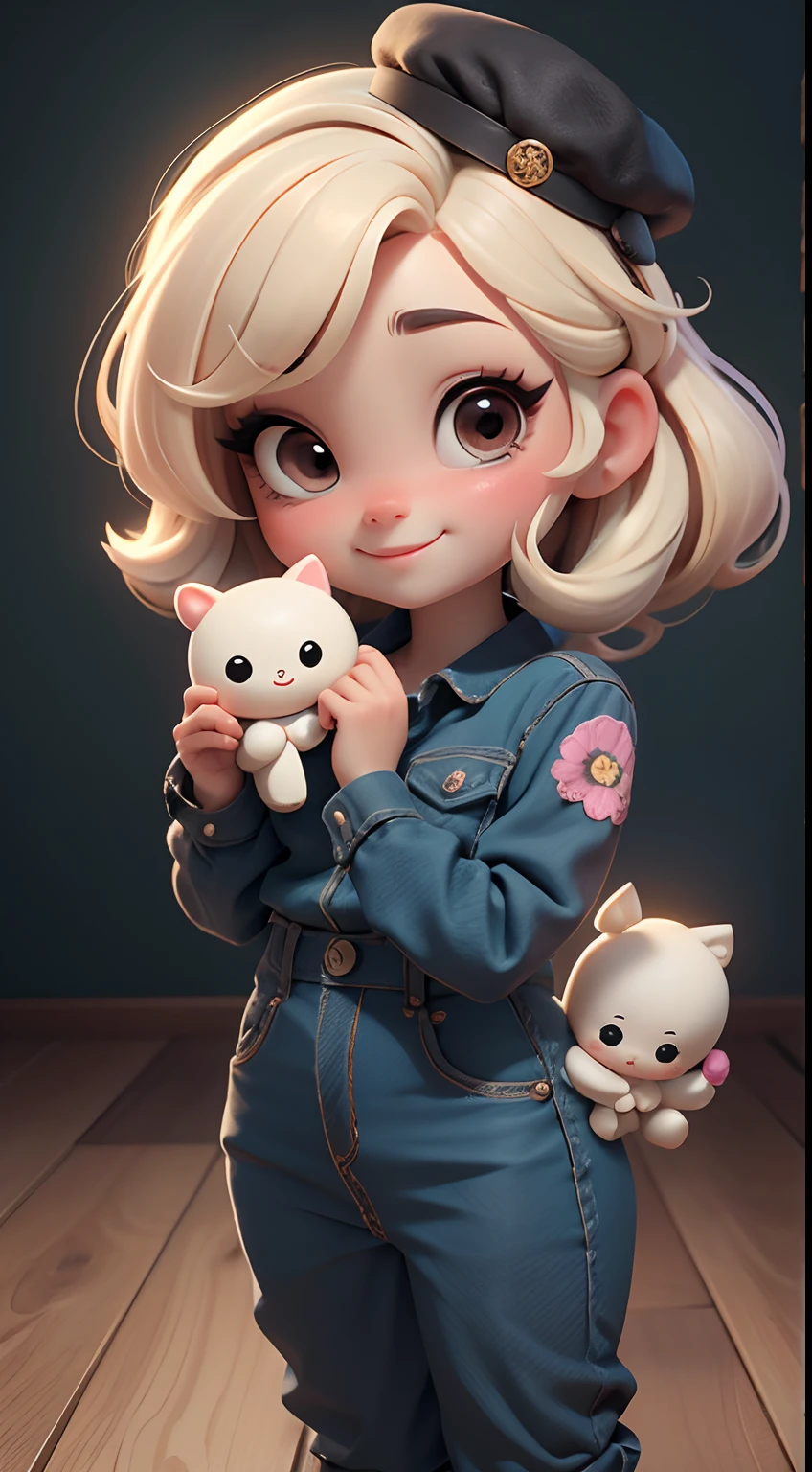 Create a series of cute baby chibi style loli dolls with a cute forest theme, sorridente e fofa, each with lots of detail and in an 8K resolution. All dolls should follow the same solid background pattern and be complete in the image, mostrando o (corpo inteiro, incluindo as pernas: 1.5)

Boneca fada: Chame-a de Bella. Ela deve ter cabelo longo e cacheado em tons castanho e preto. Seus olhos devem ser grandes e brilhantes, with long eyelashes and rosy cheeks. Bella should be dressed in a country-style jumpsuit, delicado, florido e detalhado. She should wear a hat and no accessories on her hands, deixando elas sem nada. Don't forget the details, com detalhes coloridos e enfeites encantadores, sapato bonito

Certifique-se de adicionar sombras, texturas e detalhes nos cabelos, roupas de cada boneca, to make them even more adorable and charming.