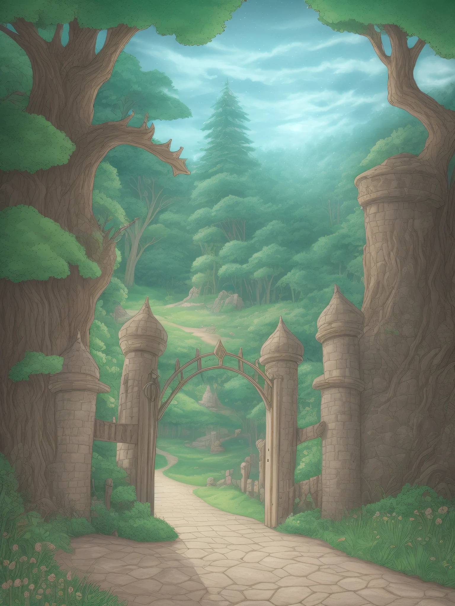 Princess's Castle Gate of the entrance to the forest in the distance picture book-style illustratio