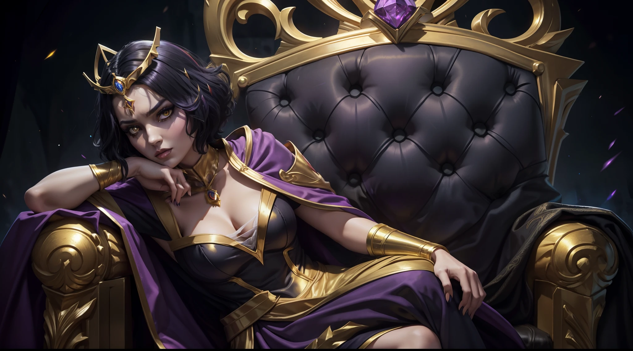 LeBlanc from League of Legends, LeBlanc, black eyeshadow, yellow eyes, sitting in a big throne, dark kingdom, short bob dark blue hair, messy hair, looking at the viewer, long purple cape, 8k, high quality, fixed face, clear face, pretty face, big golden tiara, crown, magic wand, dark purple outfit