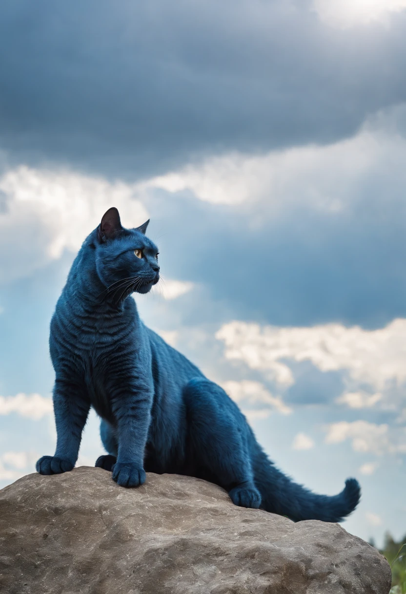 blue cat attack Godzilla, sitting on a rock, meadow, clouds, blue sky
