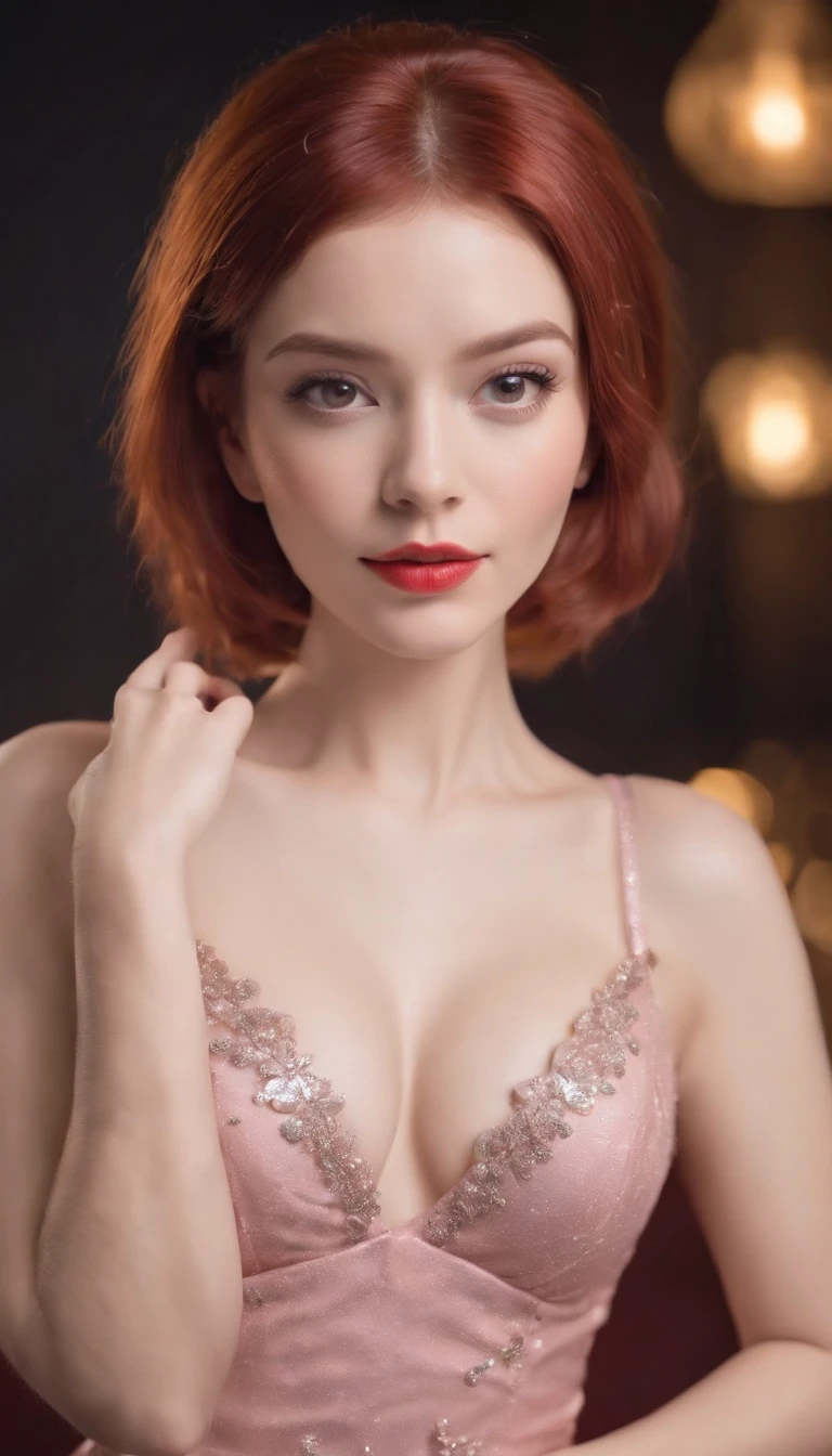 (((short red hair)))), ((((beautiful face)))), (((1 girl))), (((huge breast))), ((((wearing a sexy red party dress)))), ((((breast cleavage)))), ((((night club)))), ((((lighting)))), (((party lighting))), ((((cute face)))), ((((Pink lips))))