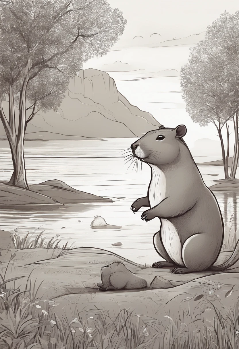 capivara e cachorro. Brincando em um campo. Cartoon style