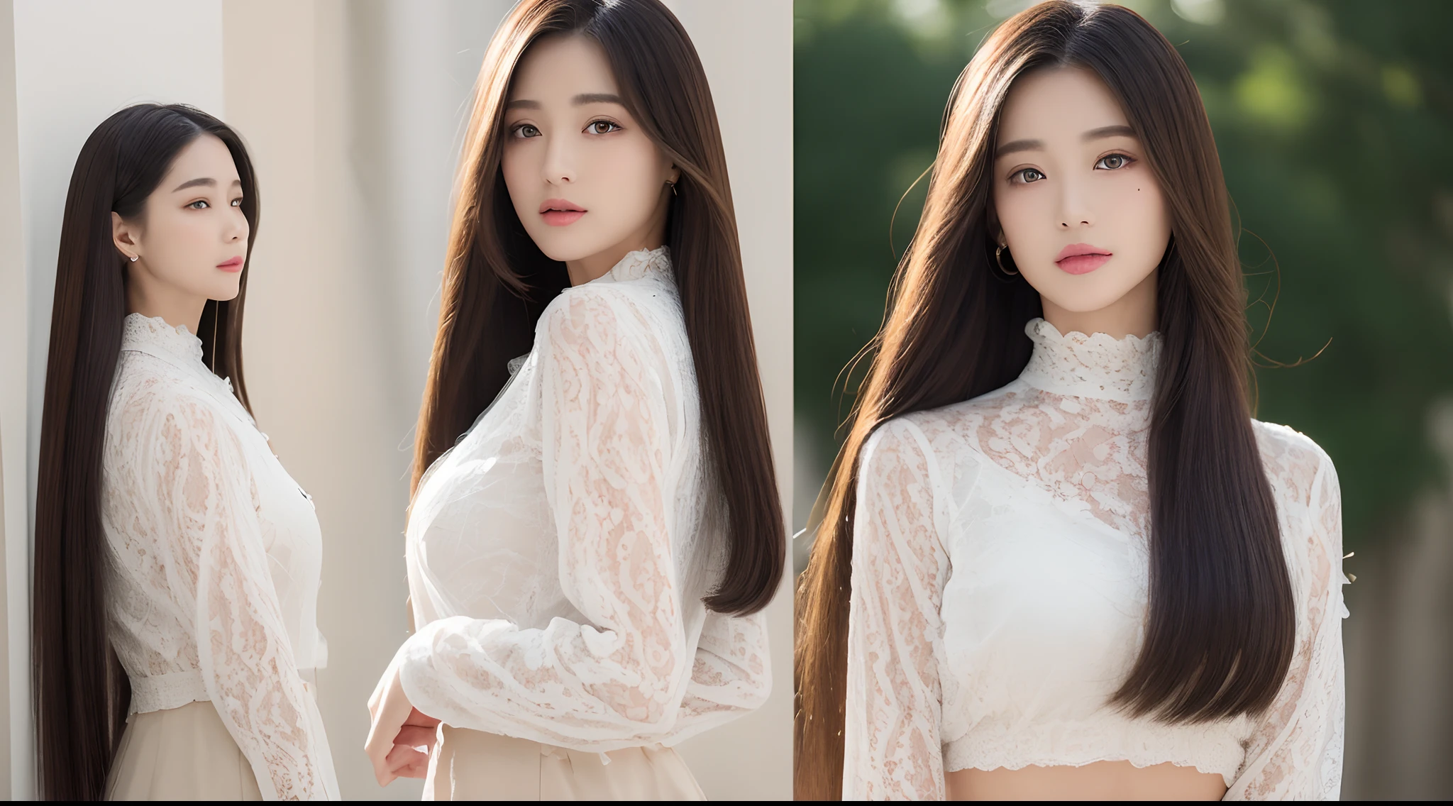 ((top-quality、8K、​masterpiece:1.3))Ultra High Image Quality1.3、SLR Quality、Full-size quality、Cute Beauty 1.4、Transcendent Beauty 1.4、Real Skin 1.3、Marble background、Full body depiction 1.3、女の子1人、Glamour beautiful woman:1.3、(Long straight hair that looks like it has been ironed and straightened 1.3、huge-breasted:1.4)、sexy facial expression、big eye、Long Sleeve White Lace High Neck Shirt:1.1、hyperdetailed face、ultradetailed eyes、super-detaild skin、Ultra detailed hands、Ultra-detailed fingertips on the face、Super detail beautiful legs、Super detailed beautiful hair、Ultra-detailed cloth、put one's hand over one's mouth、Korean Beauties、White lace skirt、piercings、beautiful and long legs、high-heels、Standing like a model、Walking、Stretching legs、 a beauty girl、The ultimate legline beauty、Behind the back of a beautiful woman、Beautiful woman beside her