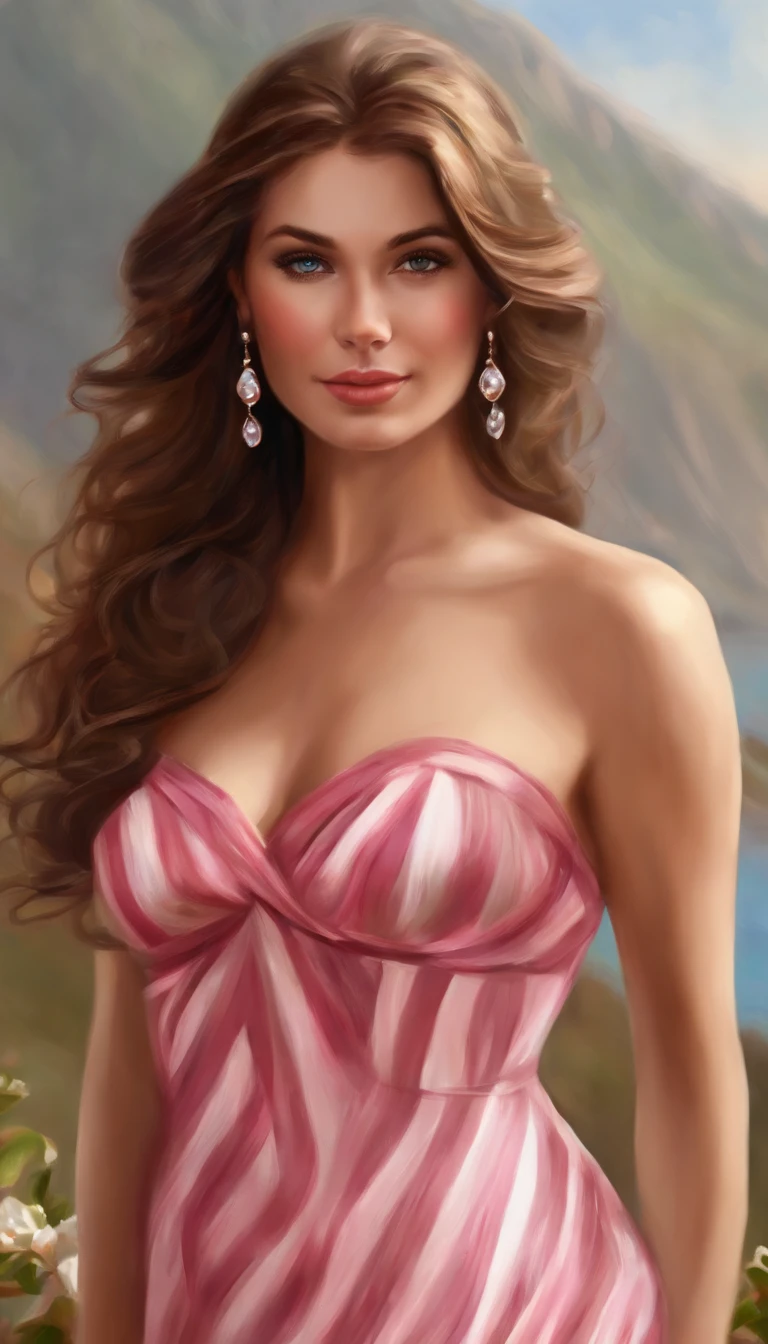 Close-up of a Caucasian woman in a pink striped dress，posed for photo, Women have very beautiful eyes, Wavy brown hair, She wears earrings, Digital art in digital painting, Elegant and elegant, Strapless dress, The art in the style of Guvez, Lored dressing, Dressed in elegant dresses, shy and demure, soft digital painting, Beauvot Art Style, detailed dress and face, Art germ. High detail ,anime big breast