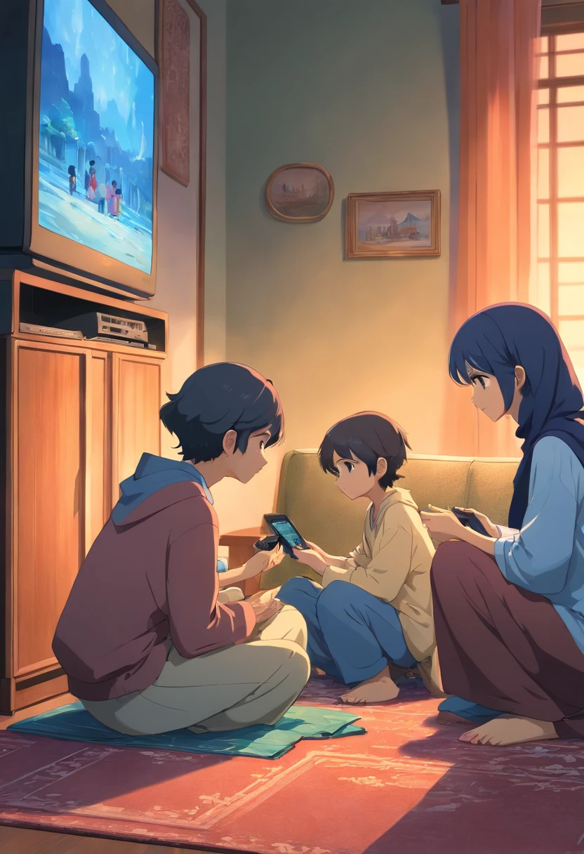 muslim family watching tv, kids, home