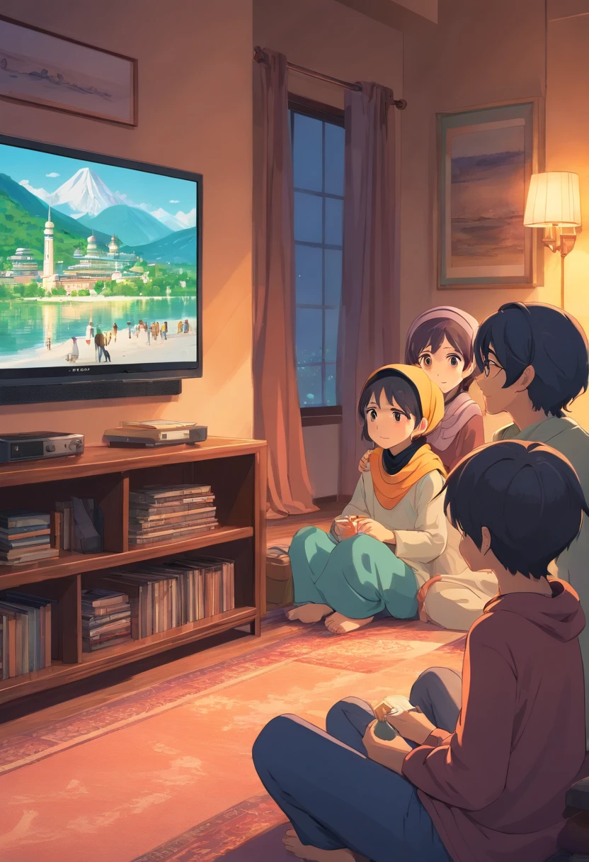 muslim family watching tv, kids, home