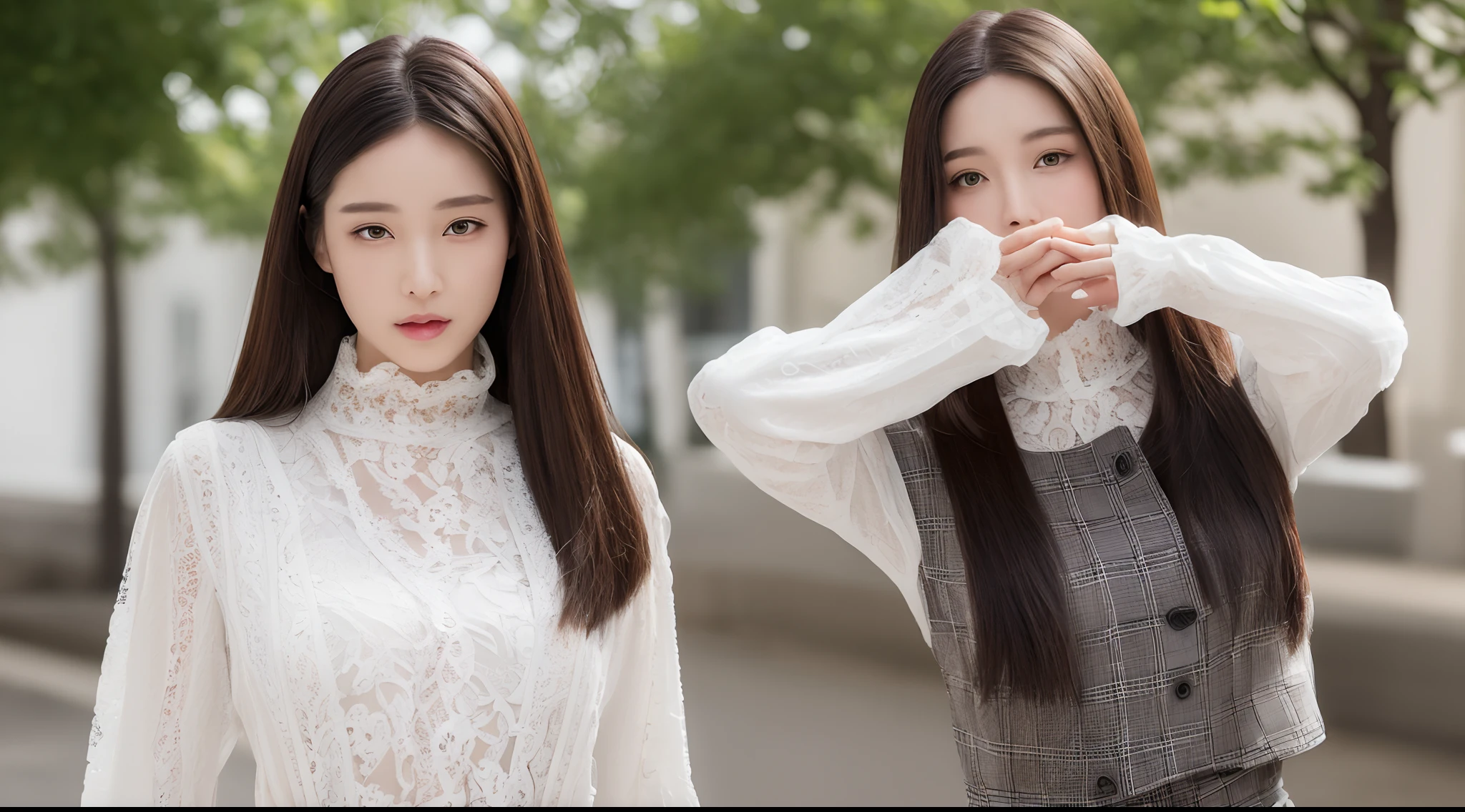 ((top-quality、8K、​masterpiece:1.3))Ultra High Image Quality1.3、SLR Quality、Full-size quality、Cute Beauty 1.4、Transcendent Beauty 1.4、Real Skin 1.3、Marble background、Full body depiction 1.3、女の子1人、Glamour beautiful woman:1.3、(Long straight hair that looks like it has been ironed and straightened 1.3、huge-breasted:1.4)、sexy facial expression、big eye、Long Sleeve White Lace High Neck Shirt:1.1、hyperdetailed face、ultradetailed eyes、super-detaild skin、Ultra detailed hands、Ultra-detailed fingertips on the face、Super detail beautiful legs、Super detailed beautiful hair、Ultra-detailed cloth、put one's hand over one's mouth、Korean Beauties、White lace skirt、piercings、beautiful and long legs、high-heels、Standing like a model、Walking、Stretching legs、 a beauty girl、The ultimate legline beauty、Behind the back of a beautiful woman、Beautiful woman beside her