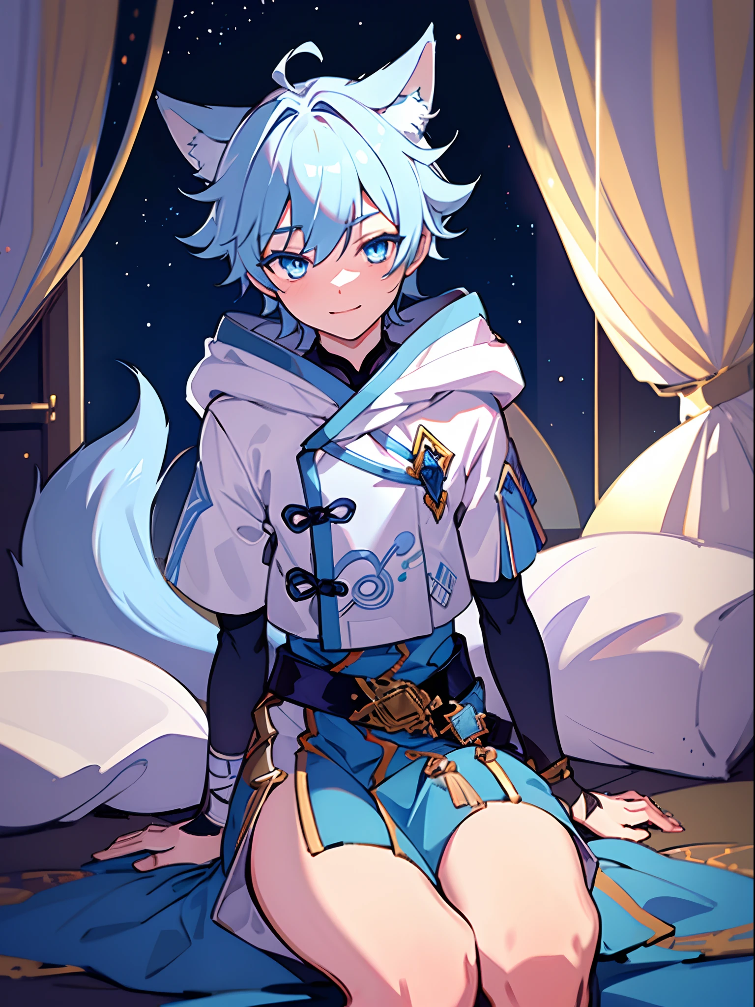 1 boy, with long fox ears, fluffy wolf tail, short ice-blue hair, sharp ice-blue eyes, gives accurate facial features, gives accurate hands, accurate legs, has blue kimono, toned abs, HD, (masterpiece), (best quality), (super detailed), upper body, night, sexy look, handsome, longing to watch, Highers, extremely detailed CG unity 8k wallpaper, 1 boy, 14 year old boy, shota, shy, smile, beautiful detailed face, beautiful detailed eyes, Dark environment: 1.8, night, full body, super detailed penis , super long penis , without pants, shirtless, masterpiece, best quality, NSFW:2.5, bedroom, crossed legs sitting, male focus, detailed abs, panoramic view,