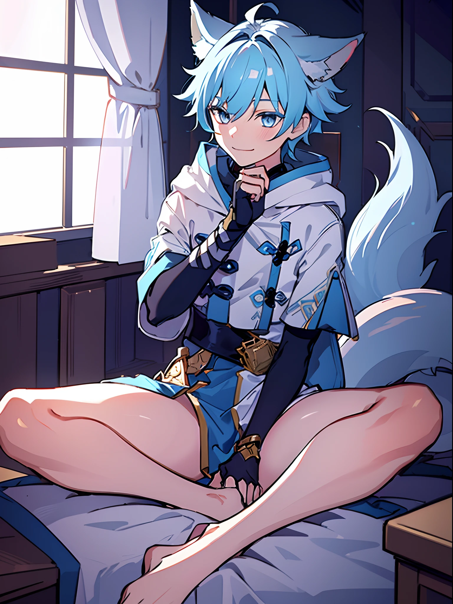 1 boy, with long fox ears, fluffy wolf tail, short ice-blue hair, sharp ice-blue eyes, gives accurate facial features, gives accurate hands, accurate legs, has blue kimono, toned abs, HD, (masterpiece), (best quality), (super detailed), upper body, night, sexy look, handsome, longing to watch, Highers, extremely detailed CG unity 8k wallpaper, 1 boy, boy, shota, shy, smile, beautiful detailed face, beautiful detailed eyes, Dark environment: 1.8, night, full body, super detailed penis , super long penis , without pants, shirtless, masterpiece, best quality, NSFW:2.5, bedroom, crossed legs sitting, male focus, detailed abs, panoramic view,