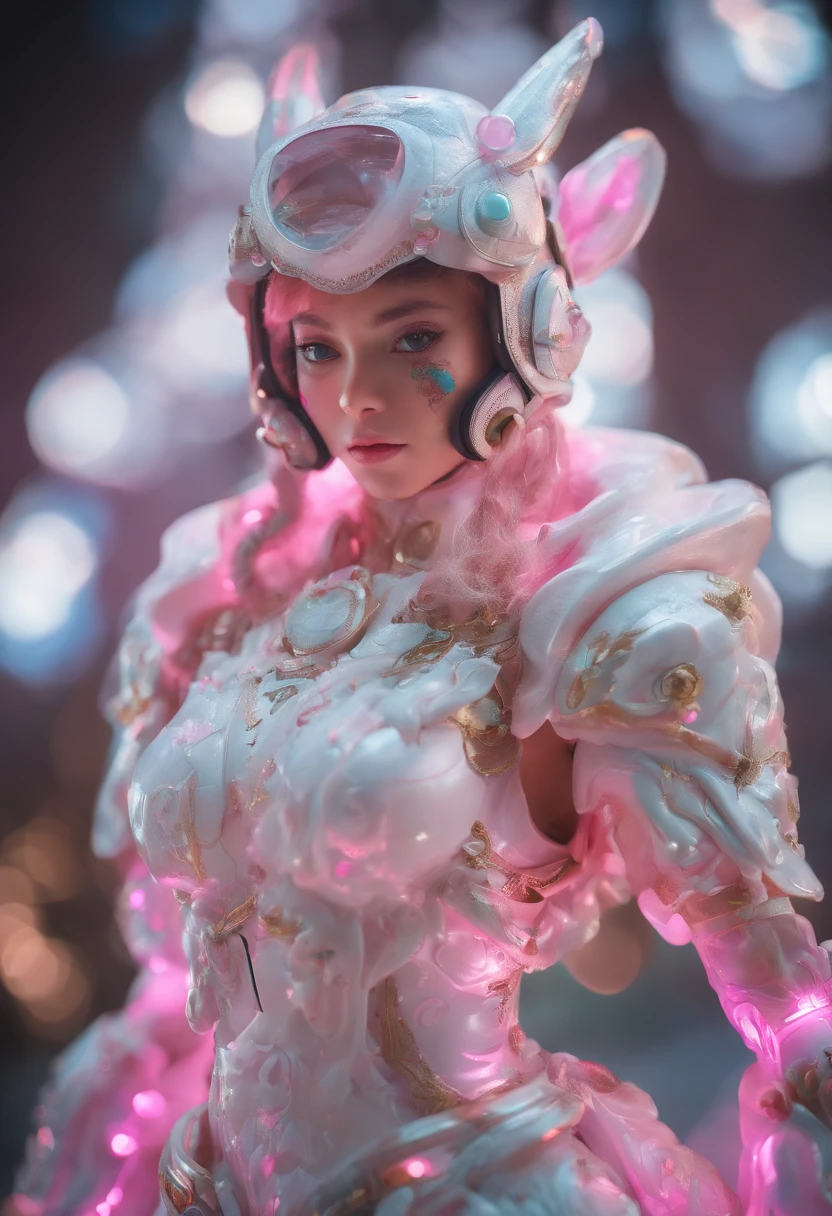 (Blind box toy style:1.2), (Full body shot) , explore，cultural relic，Runaway 1 Transparent cute girl,Behind him is a transparent and cute rabbit,, Exquisite helmet:1.2, Luminous goggles:1.2, Cyberpunk, dreamy glow, luminous neon lights, Clean, White background, ( Global illumination, Ray traching, hdr, unreal render,reasonable design, high detal, Masterpiece, Best quality, hyper HD, Cinematic lighting)