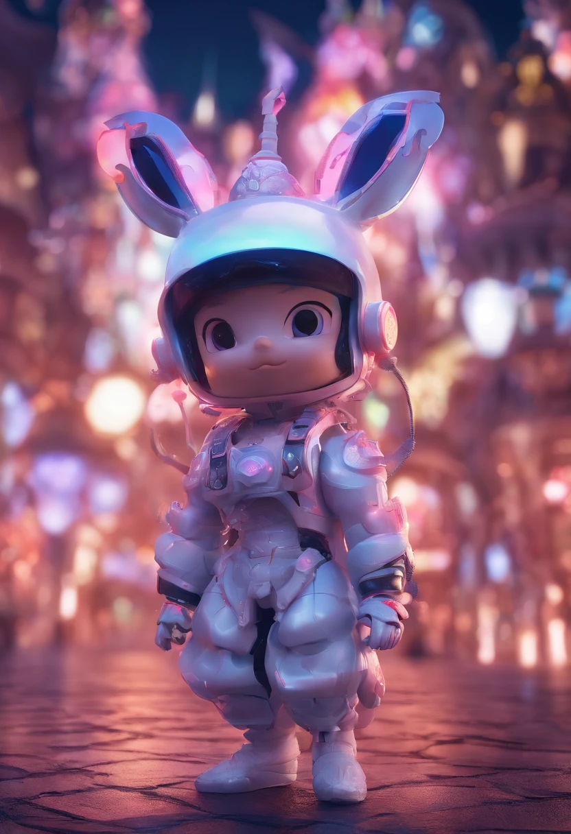 (Blind box toy style:1.2), (Full body shot) , explore，cultural relic，Runaway 1 Transparent cute girl,Behind him is a transparent and cute rabbit,, Exquisite helmet:1.2, Luminous goggles:1.2, Cyberpunk, dreamy glow, luminous neon lights, Clean, White background, ( Global illumination, Ray traching, hdr, unreal render,reasonable design, high detal, Masterpiece, Best quality, hyper HD, Cinematic lighting)