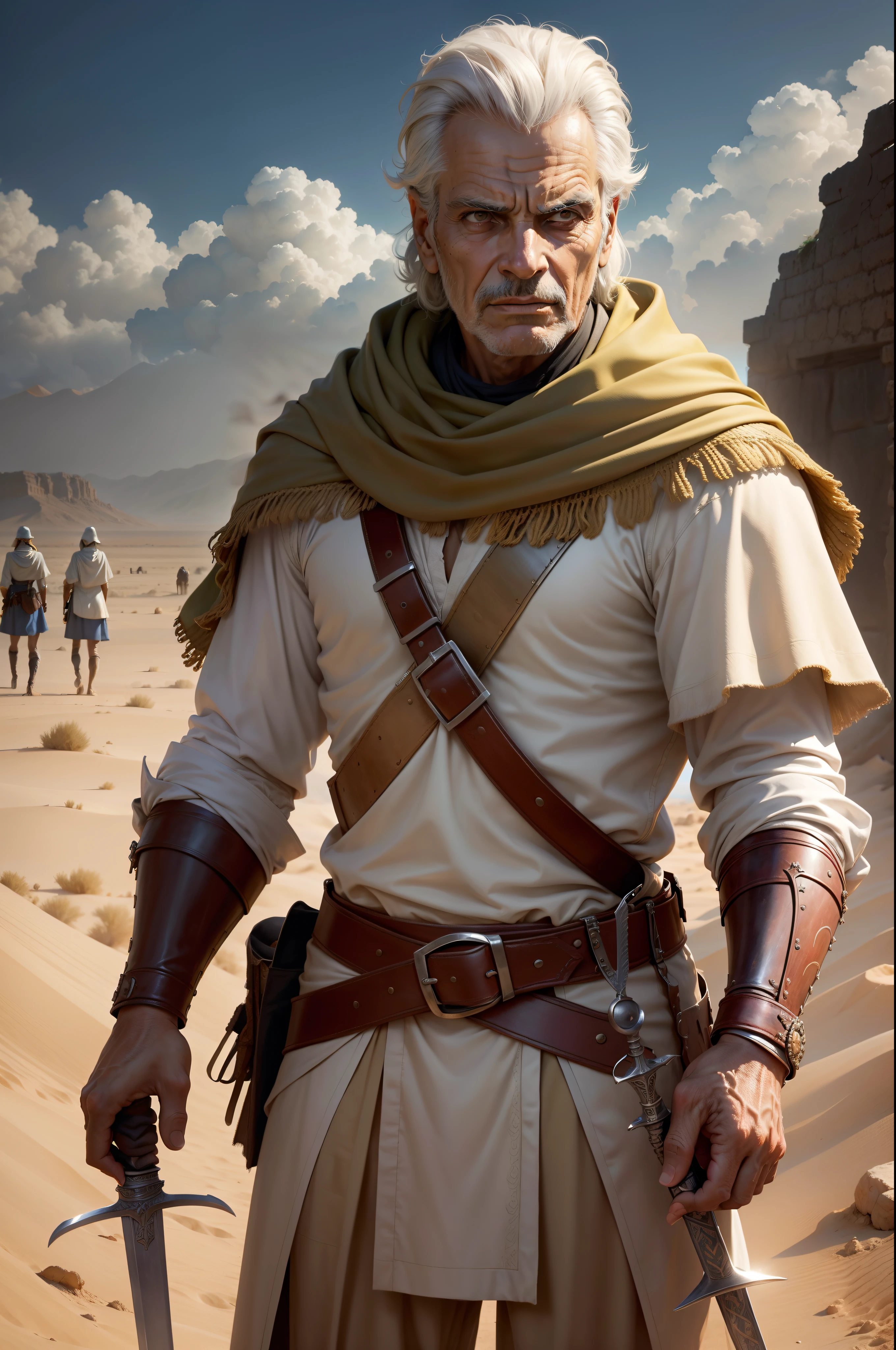 Joshua with sword in hand, 50 anos, biblical warrior, Omar Sharif, deserto, olhando para cima, Bible, Biblical character, Estilo realista