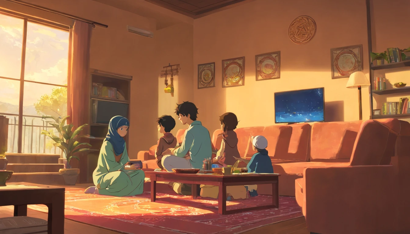 muslim family watching tv, kids, home