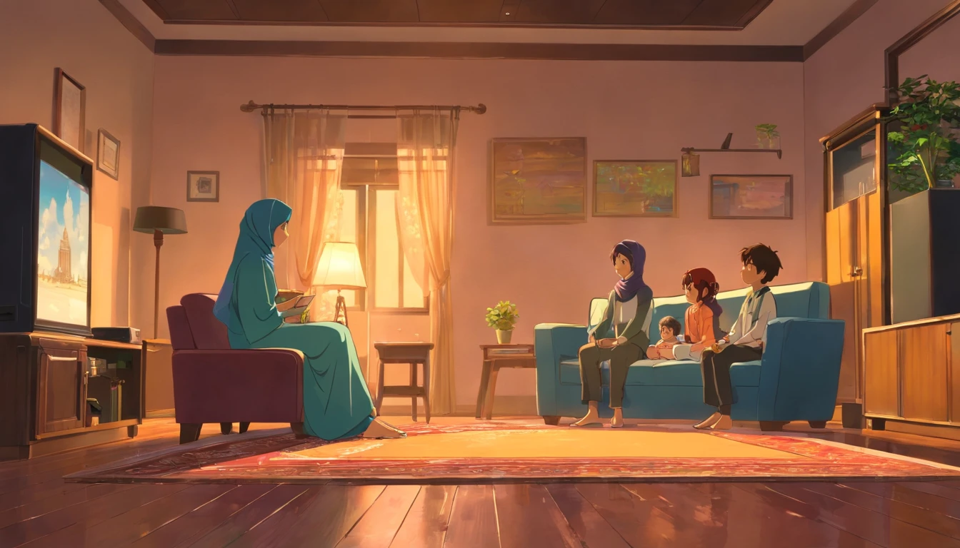muslim family watching tv, kids, home