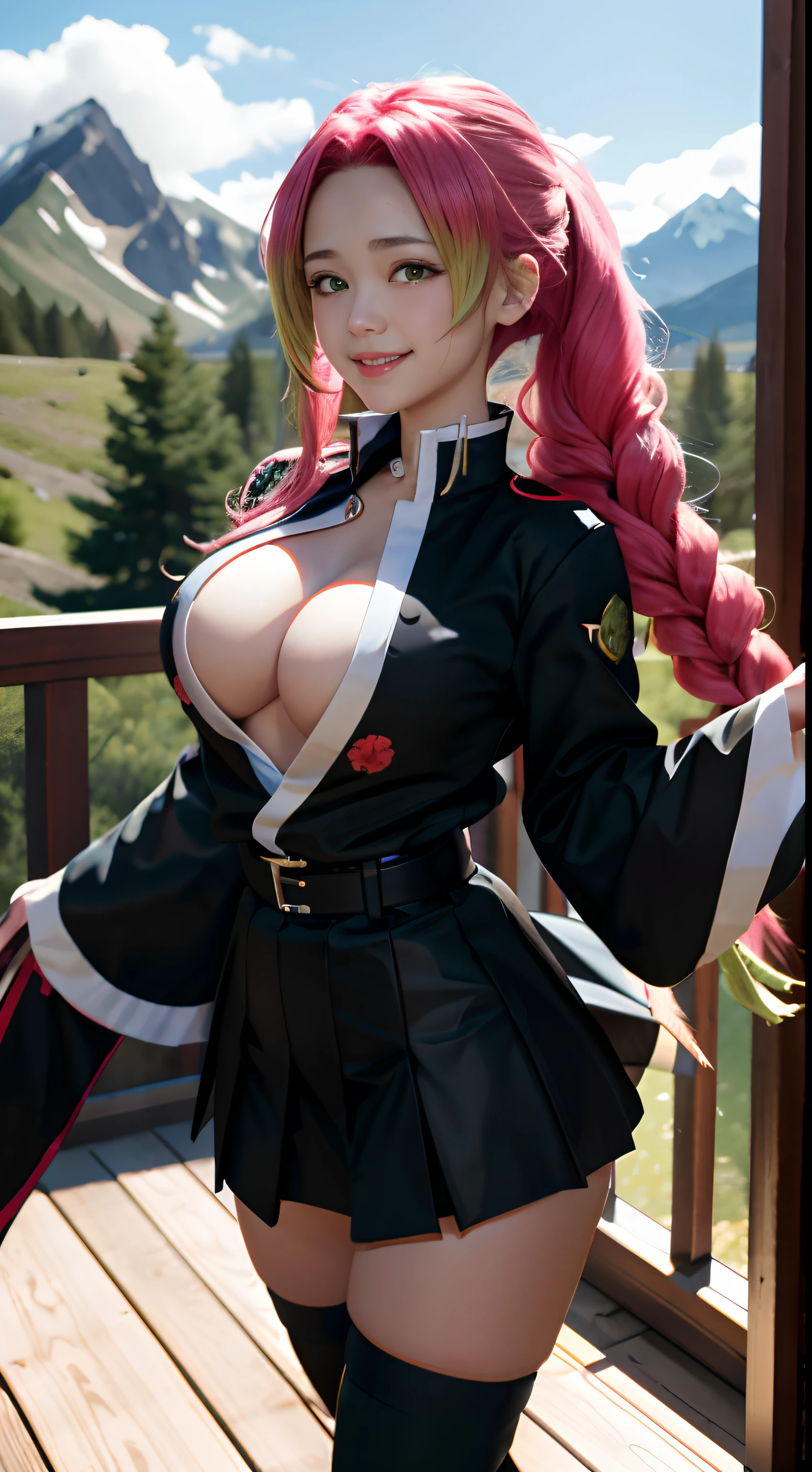 wallpaper 8K, ultra HD, mitsuri kanroji hair, extremely Realistic,, black slayer uniform. cute, , opened chests, big boobs, , bloody, full body, dancing, green shocks:3.0 , mountain background, smile face,. detailed face, detailed eyes , look behind,