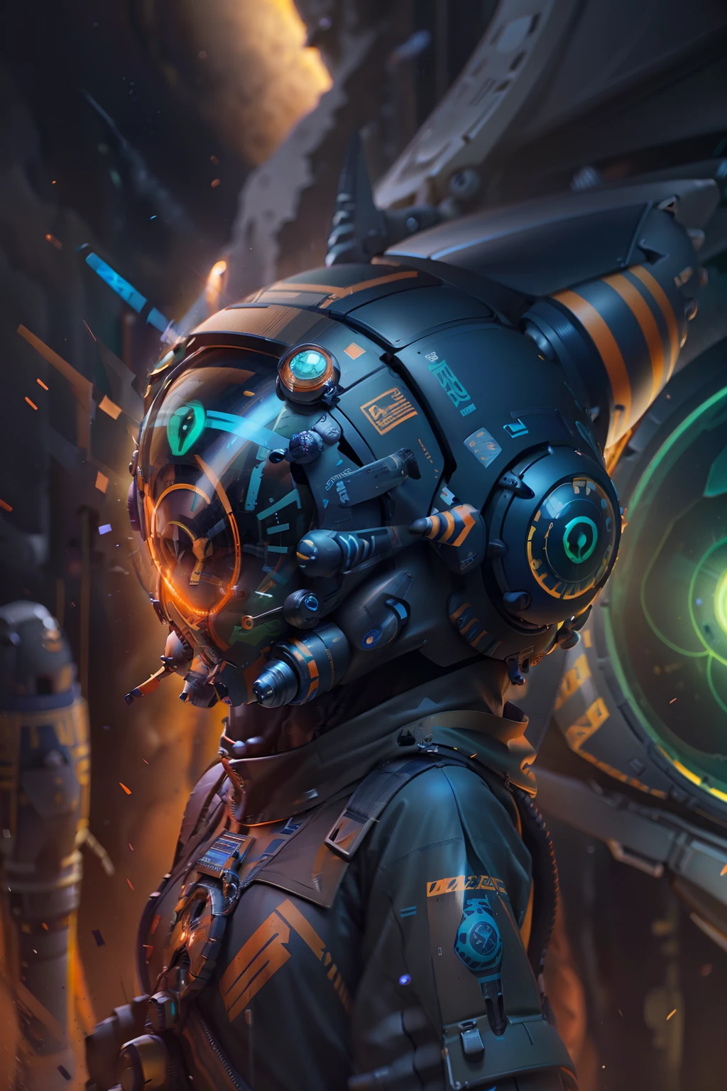 Flight. Funny dark blue space mechanical snail in orange helmet and space bee with green hair, exaggerated laughter, Cartoon style. 3D Rendering. Super-realistic, Cinematic, a closeup of a, center composition, Pure black-blue-red space background, Best Quality, 4k, details face
