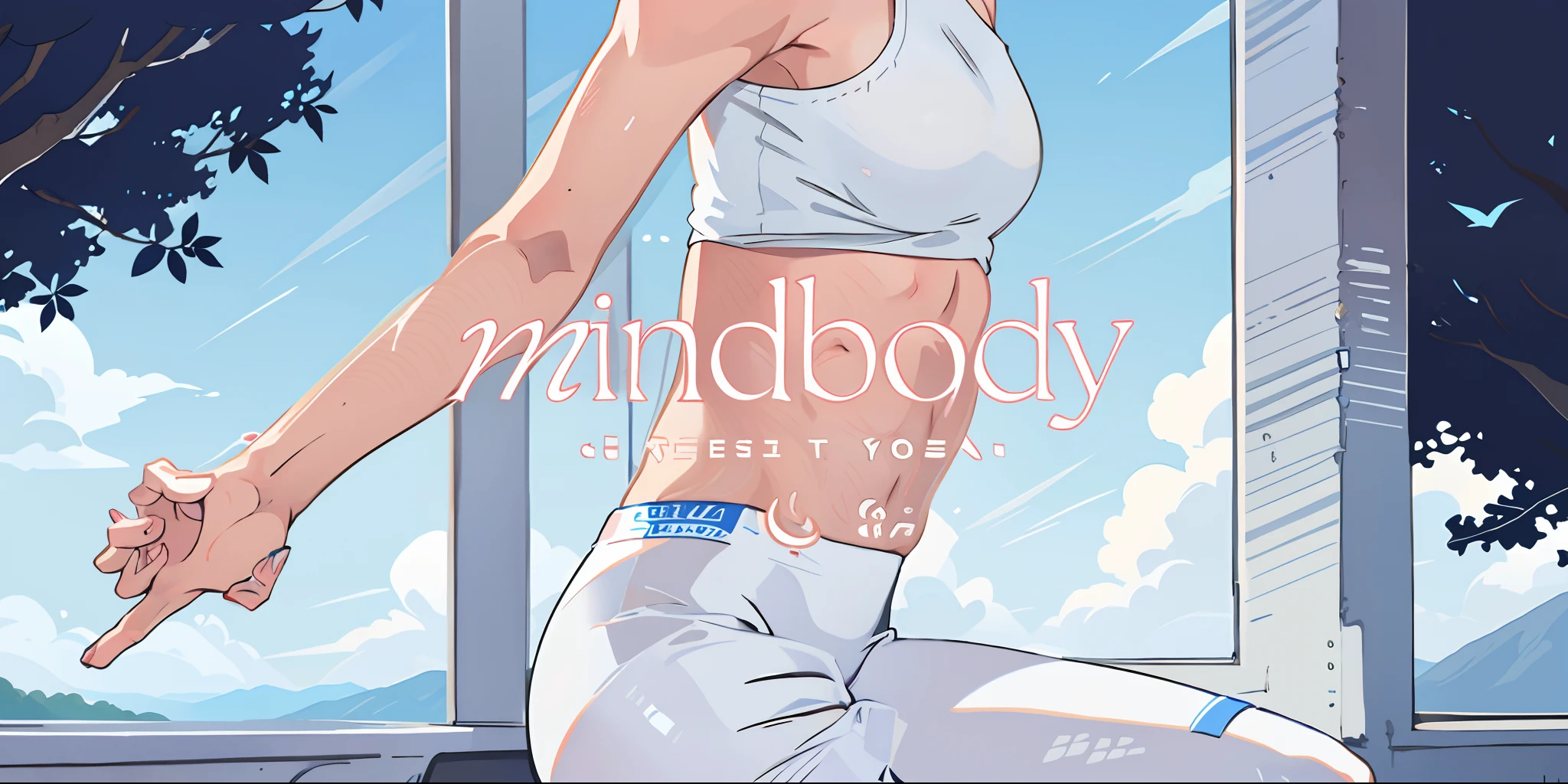Woman in white top and white pants doing yoga, fit body, Thin body, body complet, mid body shot, concept photo, Header with logo, promo image, physical : tinyest midriff ever, Cottagecore!! fitness body, hands behind her body pose!, close body shot, full - body, middle body, body complet, The fullest body