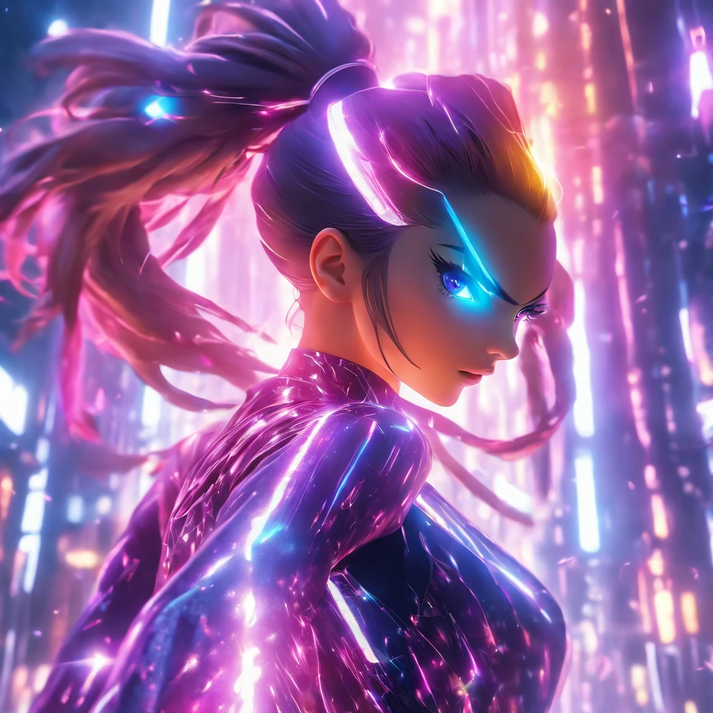 Realistic, unreal engine, beautiful woman with ponytail hair wearing reflective coating futuristic outfit, dynamic pose, matrix background, low angle perspective, anamorphic lens flare effect