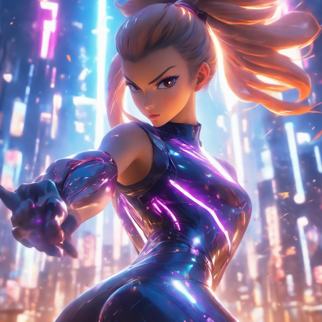 Realistic, unreal engine, beautiful woman with ponytail hair wearing reflective coating futuristic outfit, dynamic pose, matrix background, low angle perspective, anamorphic lens flare effect