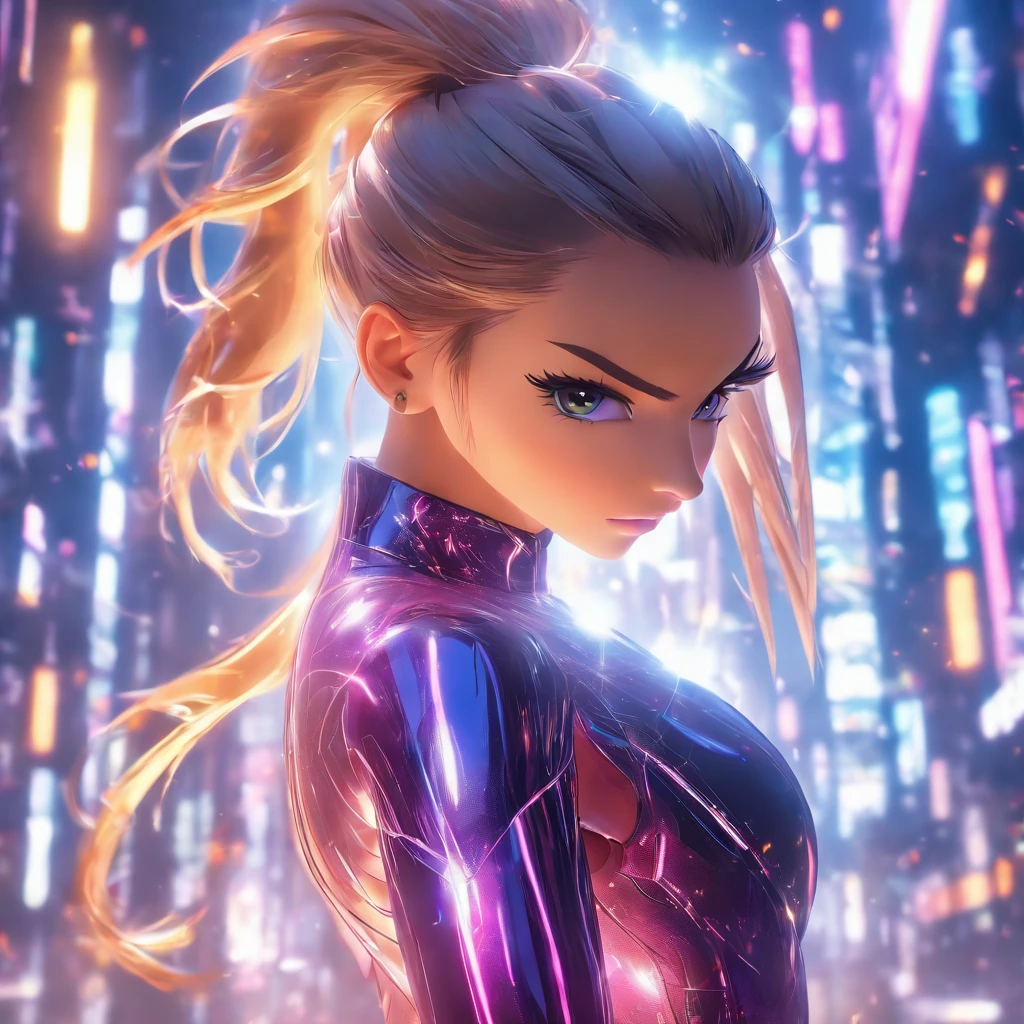 Realistic, unreal engine, beautiful woman with ponytail hair wearing reflective coating futuristic outfit, dynamic pose, matrix background, low angle perspective, anamorphic lens flare effect