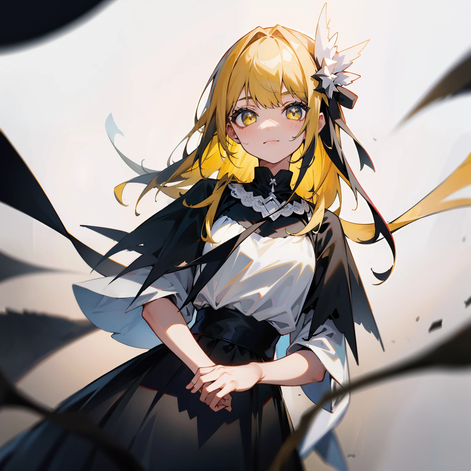 Black-yellow hair，There are white ornaments，Black gauze dress，She is an elite girl
