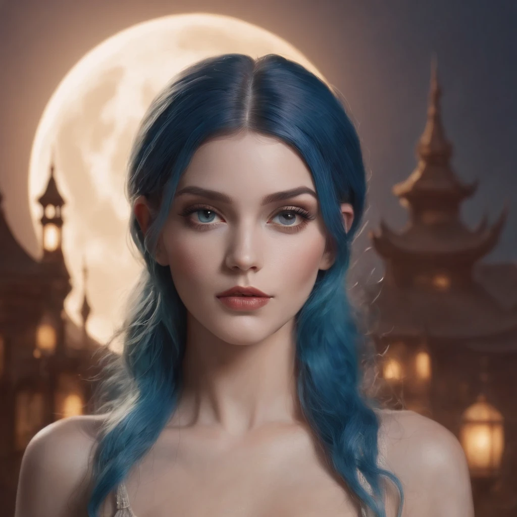 a woman with blue hair and tattoos standing in front of a full moon, by tom bagshaw and boris vallejo, tom bagshaw style, style of tom bagshaw, tom bagshaw artstyle, boris vallejo and ilya kuvshinov, boris vallejo and tom bagshaw, tom bagshaw donato giancola, digital art ilya kuvshinov
