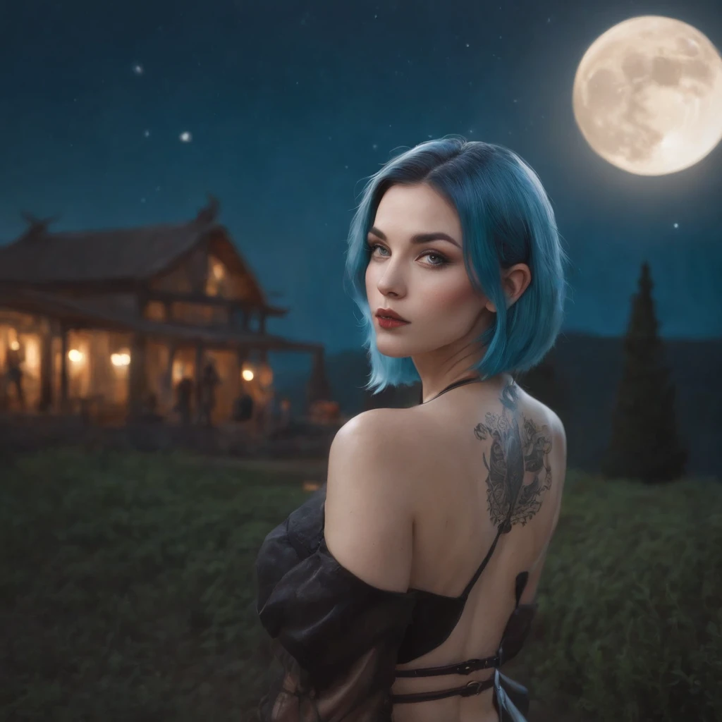 a woman with blue hair and tattoos standing in front of a full moon, by tom bagshaw and boris vallejo, tom bagshaw style, style of tom bagshaw, tom bagshaw artstyle, boris vallejo and ilya kuvshinov, boris vallejo and tom bagshaw, tom bagshaw donato giancola, digital art ilya kuvshinov