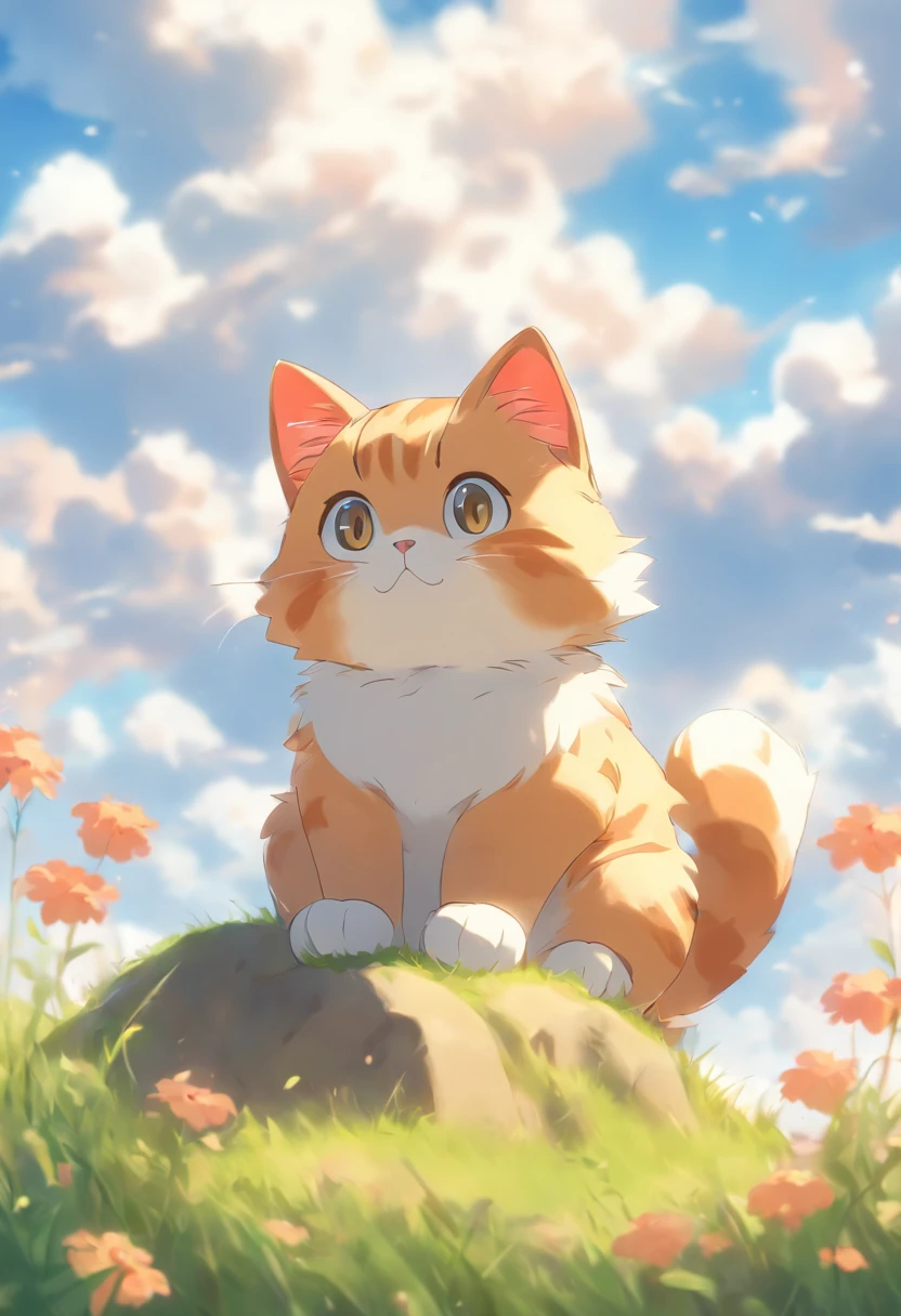 Cute cat, Sitting on a rock, grass field, Clouds, Blue sky